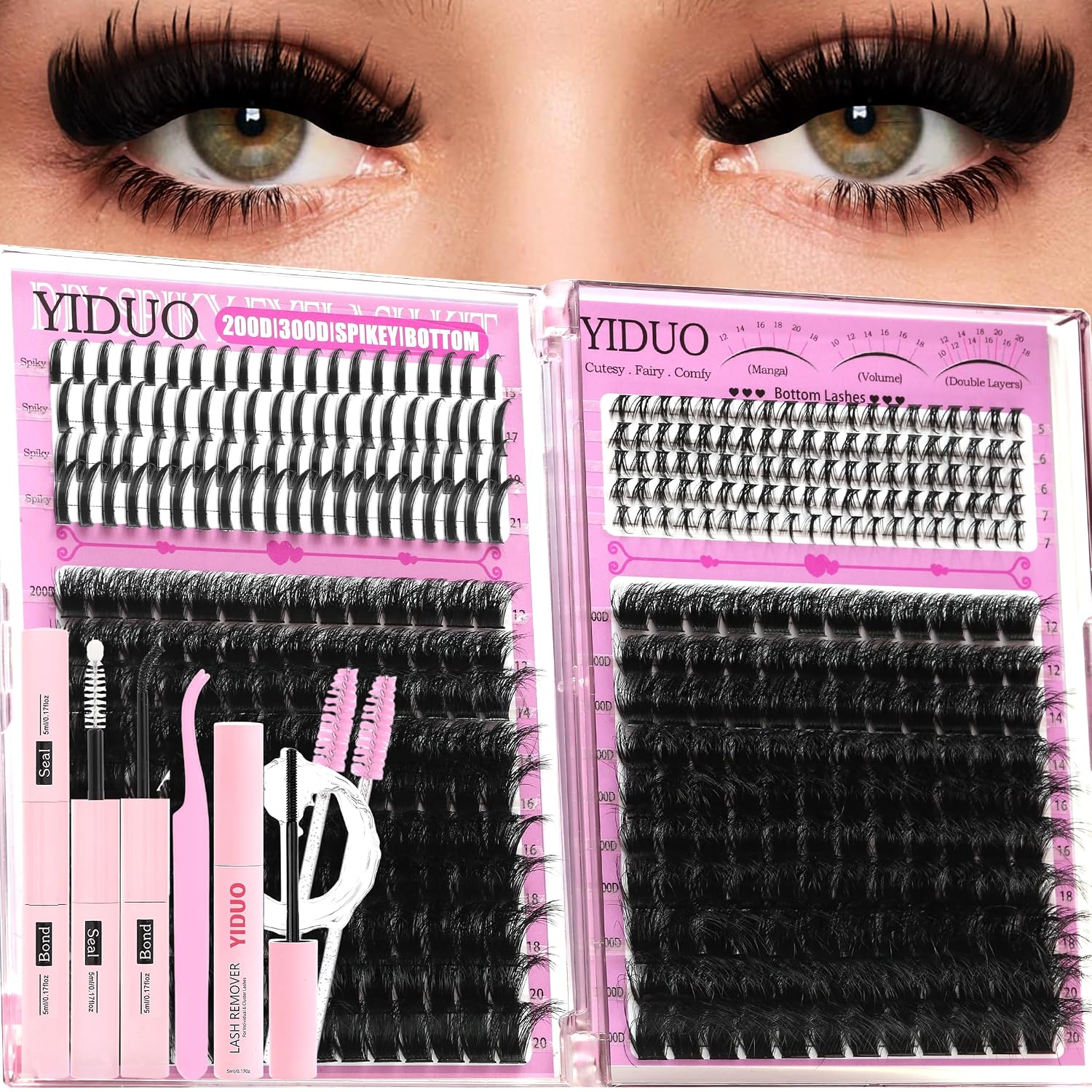YIDUO Lash Clusters Kit 3D Volume 200D+300D Mix with Spikes, Bottom Clusters, and Lash Bond Set