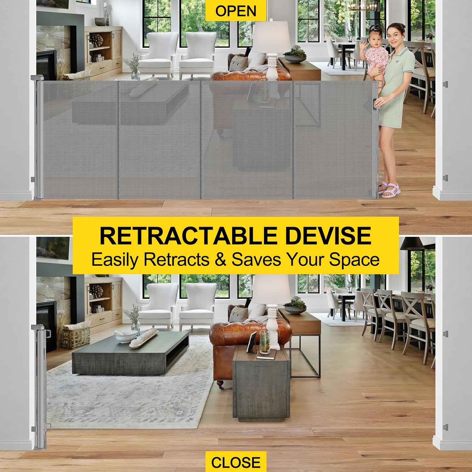 Detalle 1 de Bingguz 42" x 80" Retractable Baby Gate with Fiberglass Support Rods, Gray