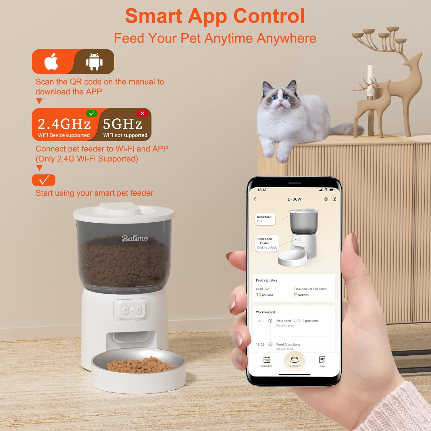 Detalle de Balimo Distributore Automatico Cibo Gatti: controllo WiFi, fino a 10 pasti al giorno, brocca in acciaio e design anti-ingresso