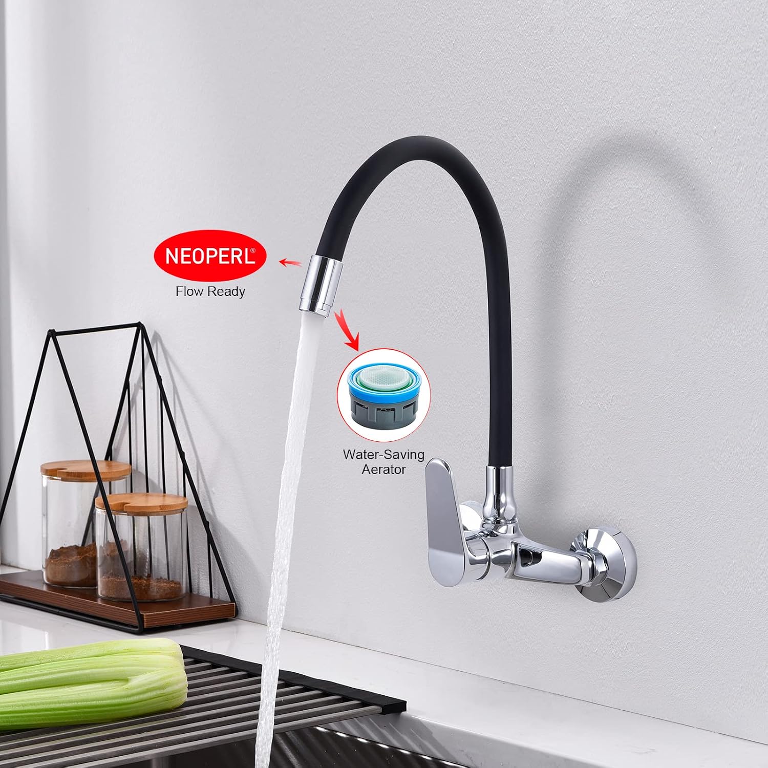 Thumbnail 2 de Ibergrif M16559-2 Wall-Mounted Kitchen Tap, Black, 360° Swivel