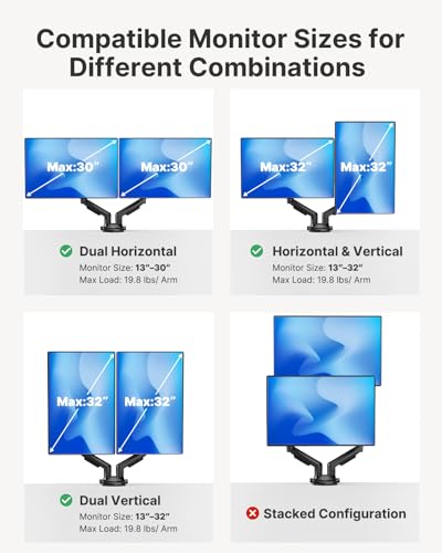 Detalle de HUANUO FlowLift Dual Monitor Stand — Fully Adjustable Dual Arm Desk Mount for 13–32" Screens