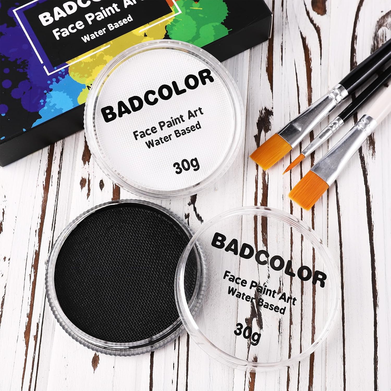 Detalle de BADCOLOR Black and Clown White Water-Based Face Paint Kit with 3 Brushes
