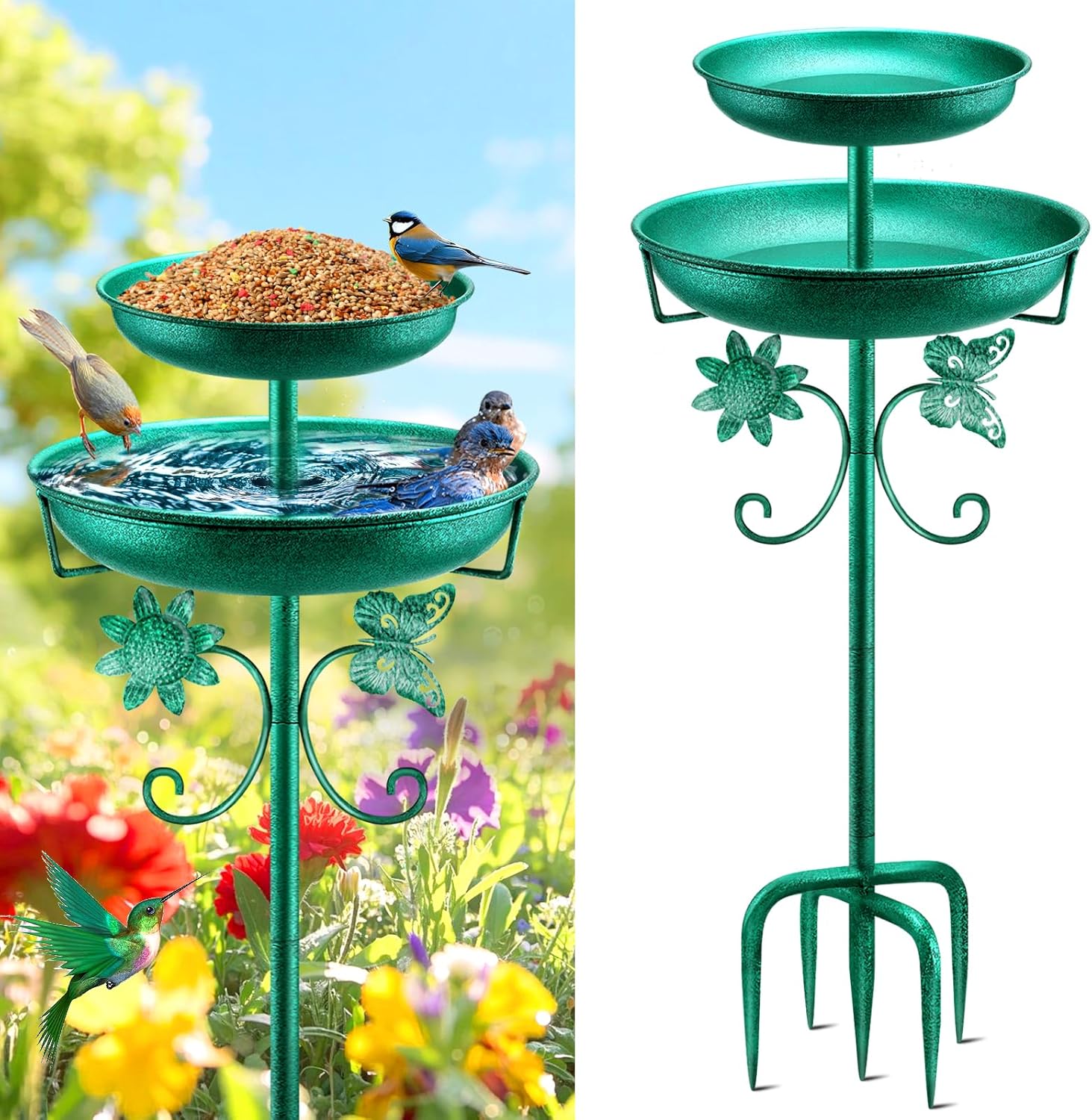 Metal Bird Bath for Outside (42In) Double Vintage Freestanding Birdbath & Feeder with 5‑Pronged Base