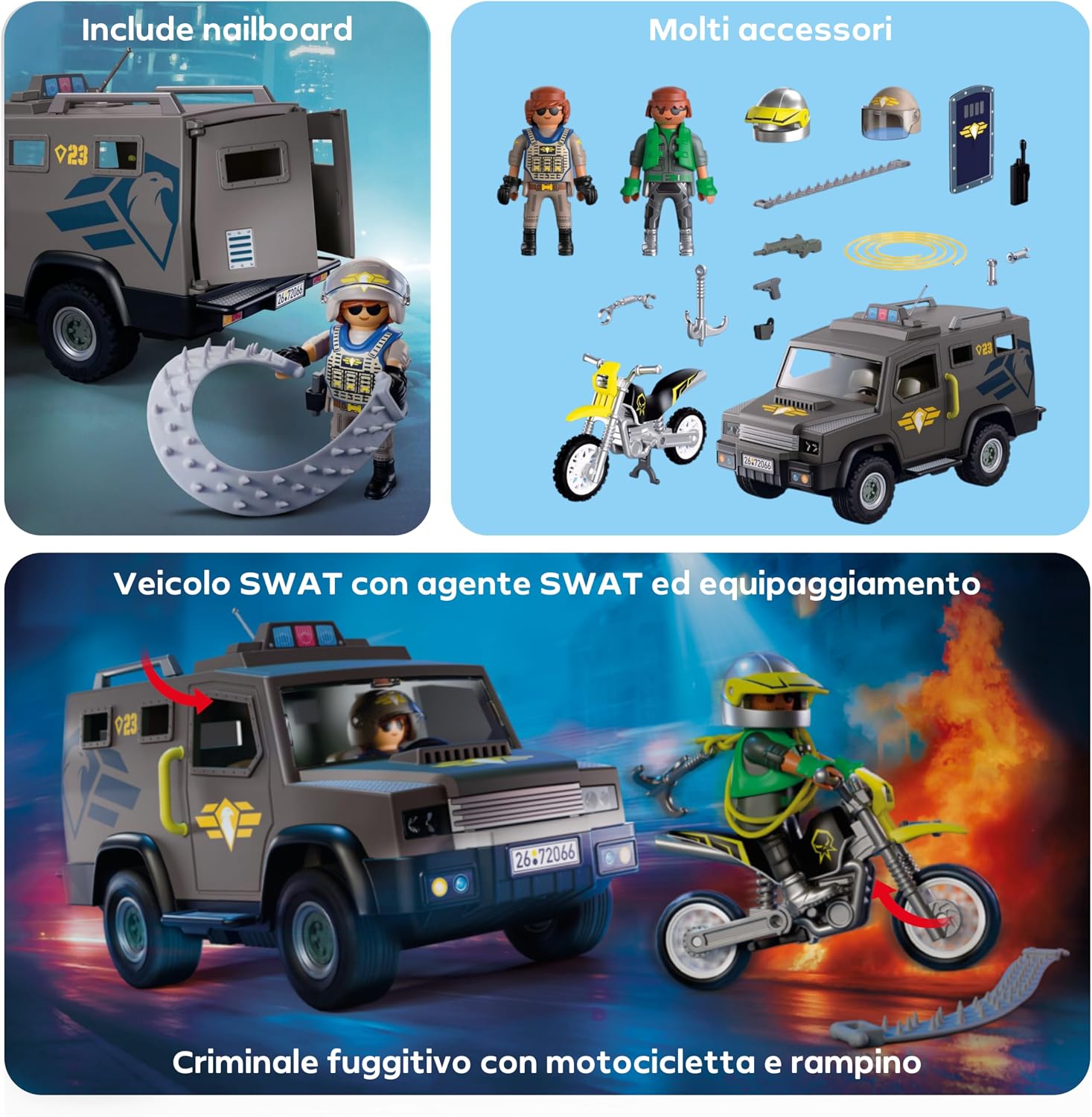 Thumbnail 3 de Playmobil City Action 72066 Veicolo SWAT con agente, motocicletta e striscia chiodata