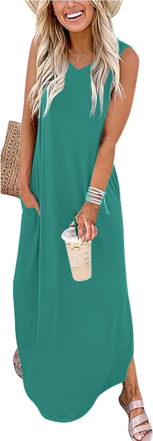 Thumbnail 5 de WNEEDU Damen Sommerkleid Lang mit V-Ausschnitt, A-Linie und Taschen
