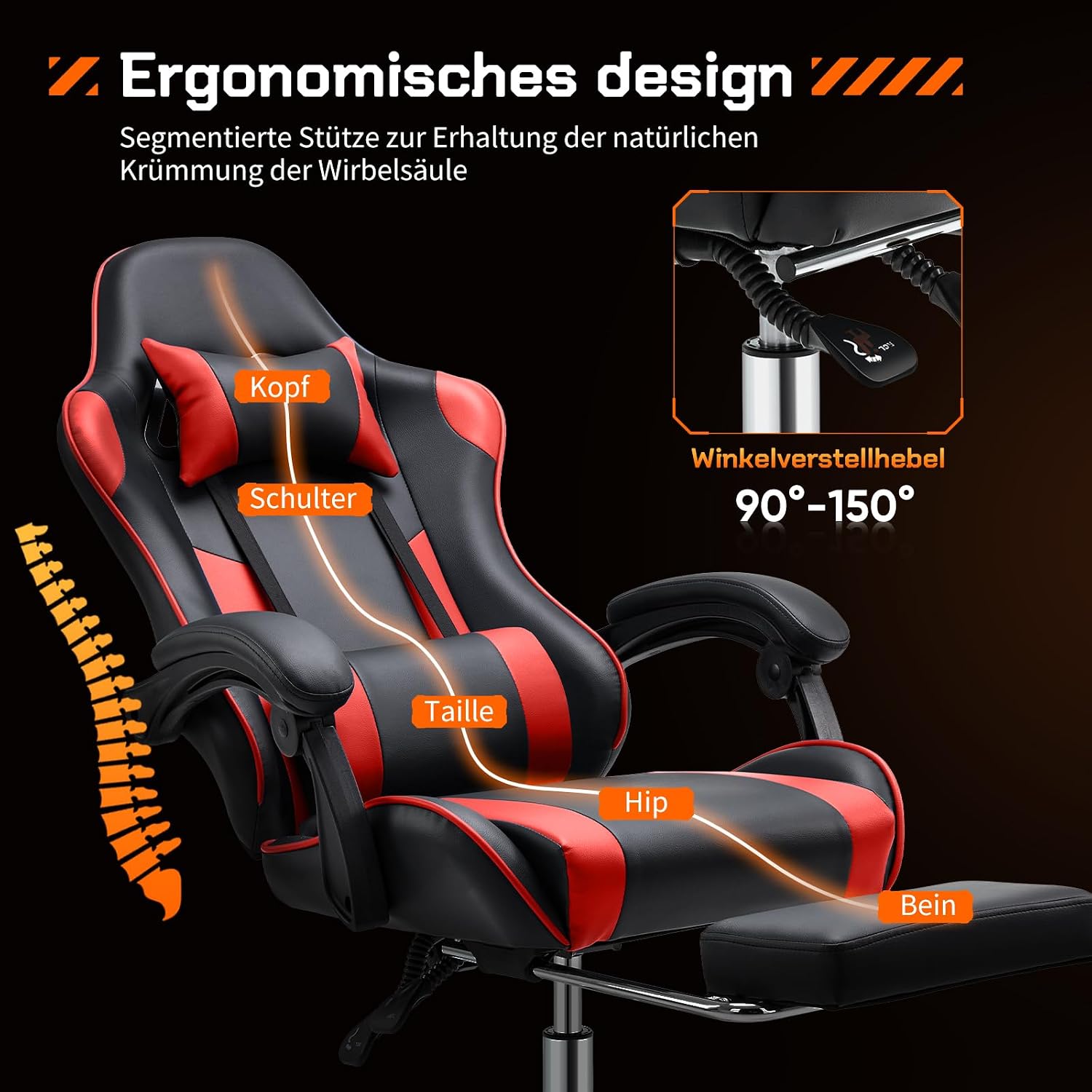 Thumbnail 3 de Sweetcrispy Gaming Stuhl – Ergonomischer Bürostuhl mit Fußstütze, Lendenkissen und verstellbarer Rückenlehne