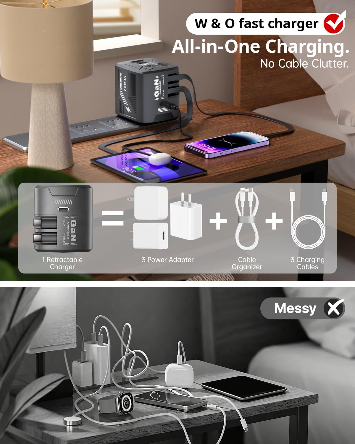 Detalle de W & O Retractable Wall Charger 60W GaN Fast Charger with Built-in 47.2" USB-C & Lightning Cables