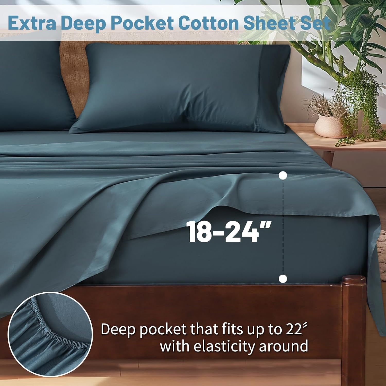 Detalle de Overket Extra Deep Pocket King Cotton Sheet Set, 1000 Thread Count, Lake Blue