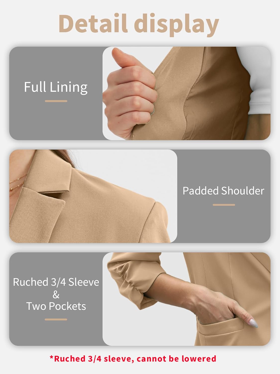 Thumbnail 4 de ELLEVEN Women's Ruched 3/4 Sleeve Blazer: Lightweight Slim Fit with Padded Shoulders