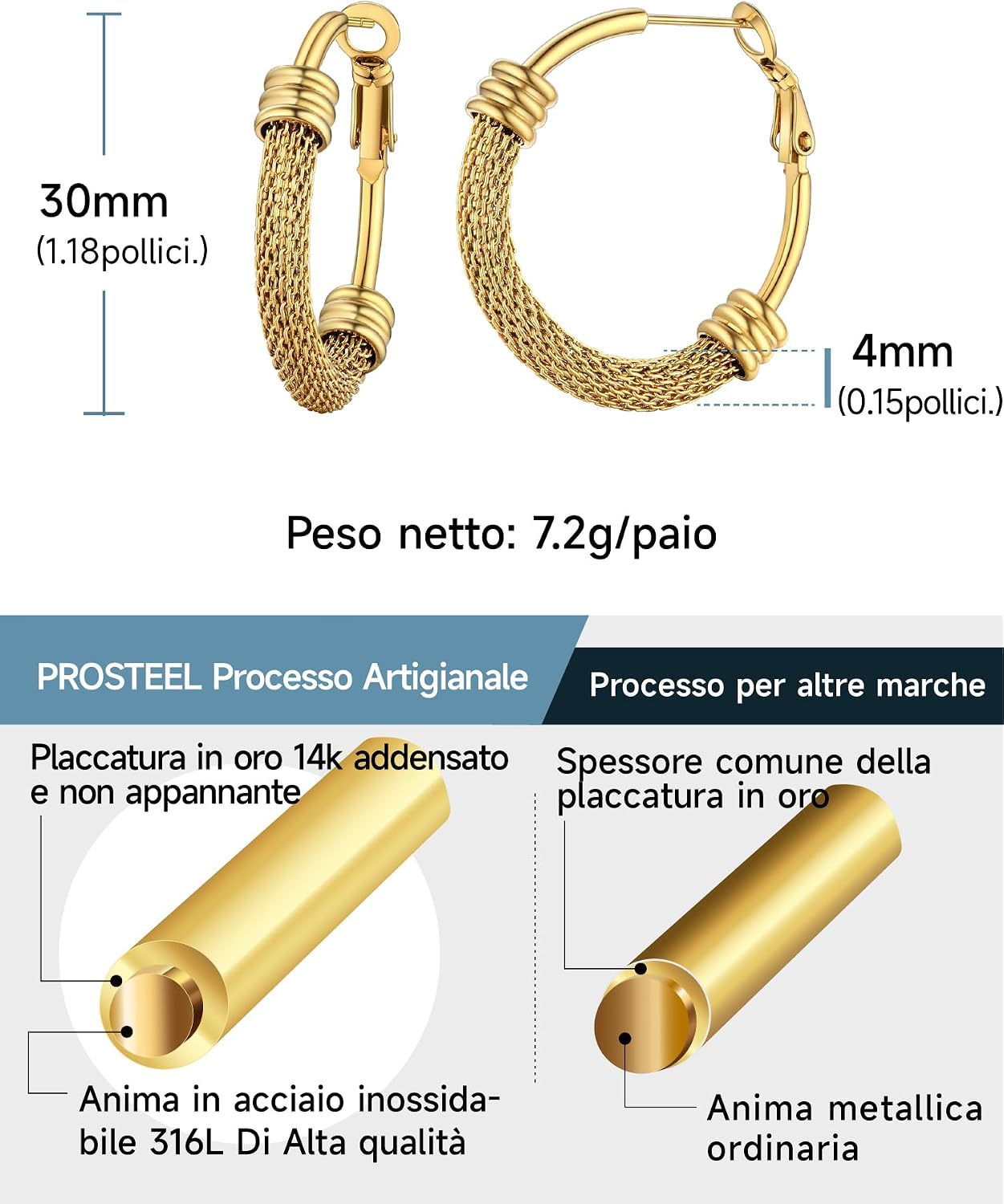 Detalle de PROSTEEL Orecchini a cerchio in maglia metallica, acciaio ipoallergenico (30 mm, 4 mm), argento nero oro