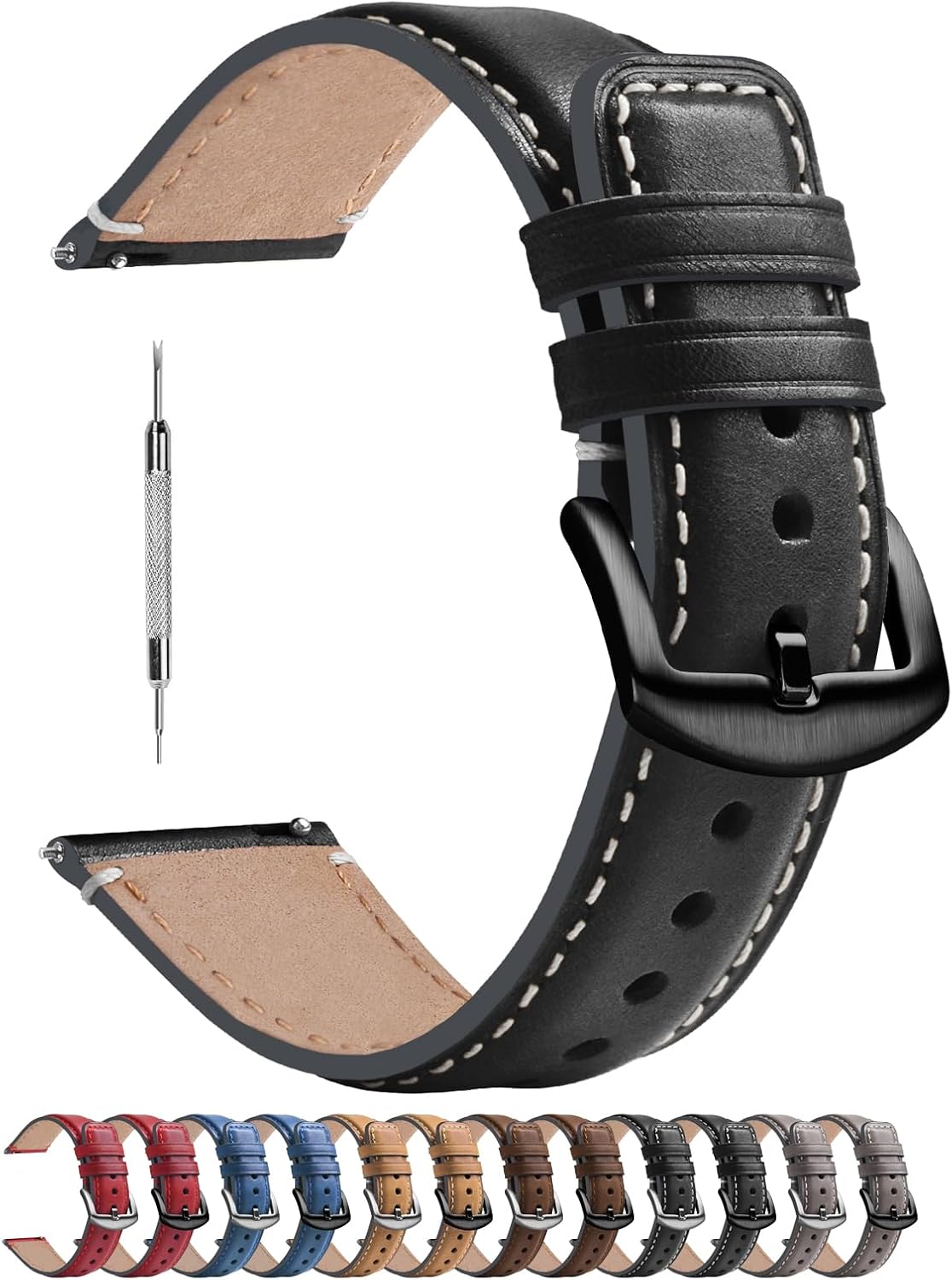 Detalle de Fullmosa 20mm Lederarmband mit Schnellverschluss – kompatibel mit Samsung Watch, Garmin und mehr (Schwarz, Hardware Schwarz)
