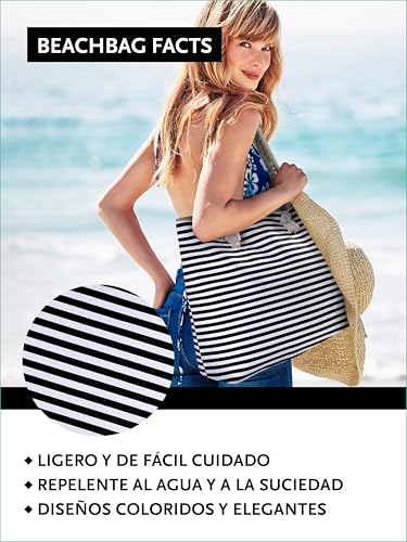 Detalle de Bolso de playa grande con cremallera DonDon — diseño a rayas negro y blanco