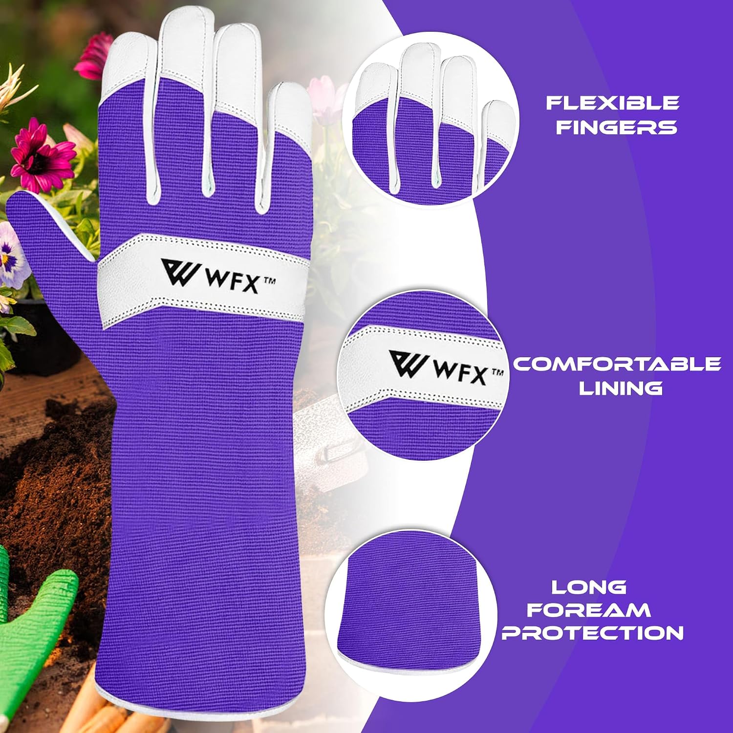 Detalle de WFX Long Leather Gardening Gloves – Thorn-Proof Forearm Protection, Purple (Large)