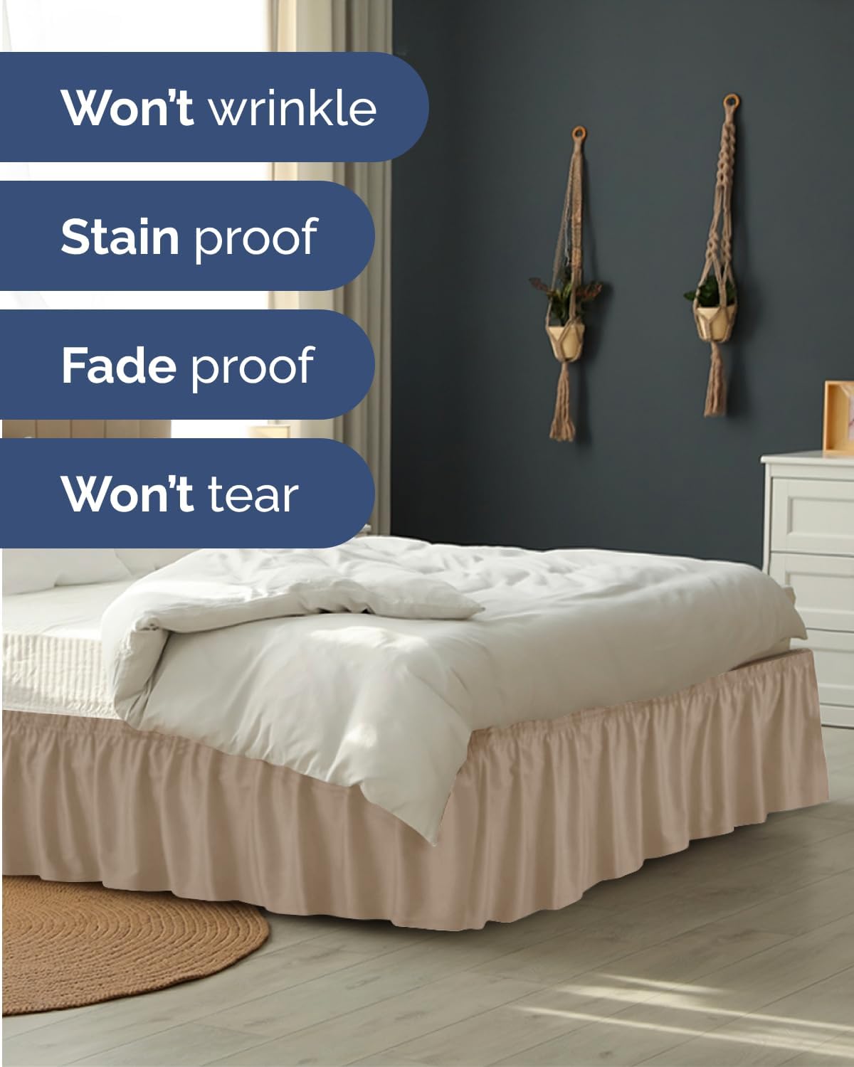 Thumbnail 4 de Wrap Around Dust Ruffle Bed Skirt - Cream for Queen Size Beds (21 Inch Drop) with Elastic Wrap