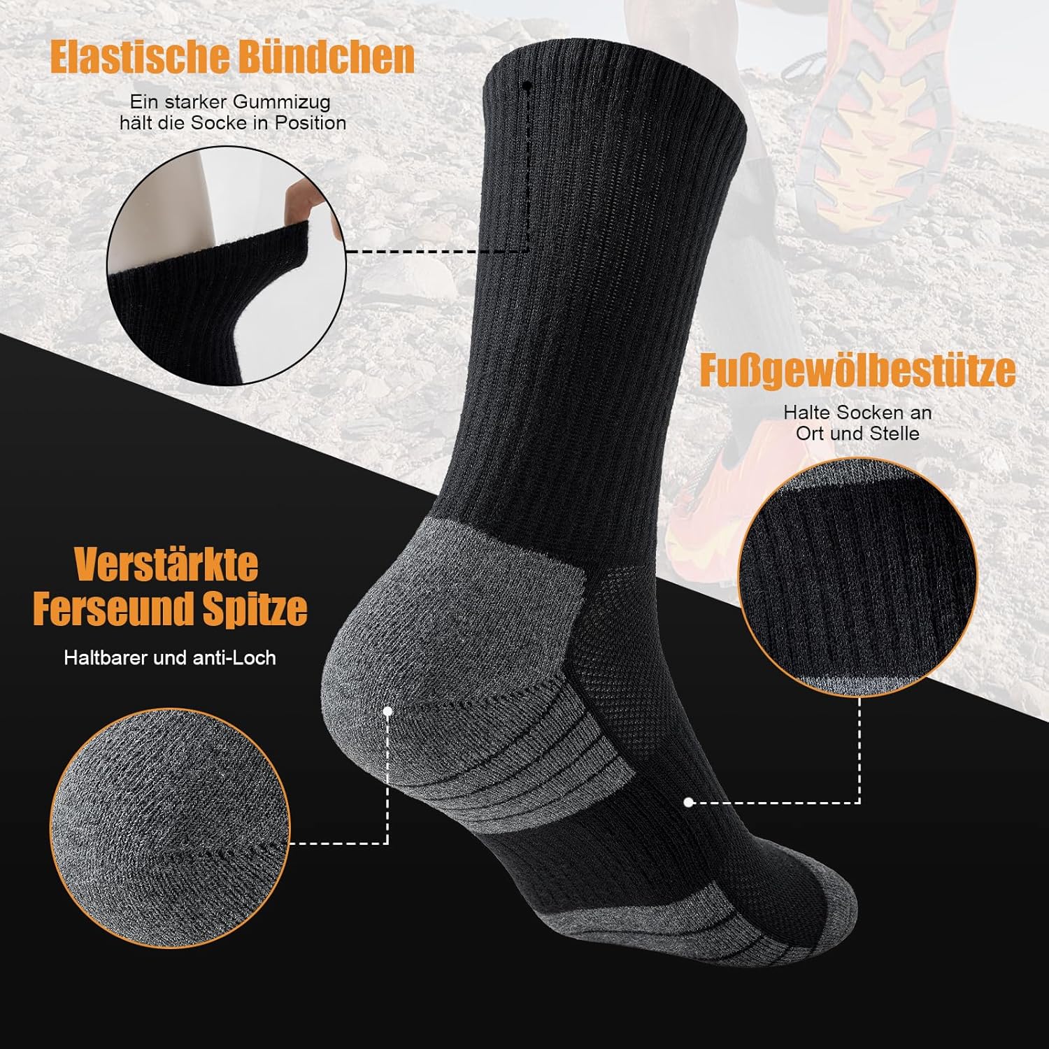 Detalle de Niorasen Wandersocken & Sportsocken (6 Paar) aus Baumwolle, atmungsaktiv, gepolstert – Größen 35–50