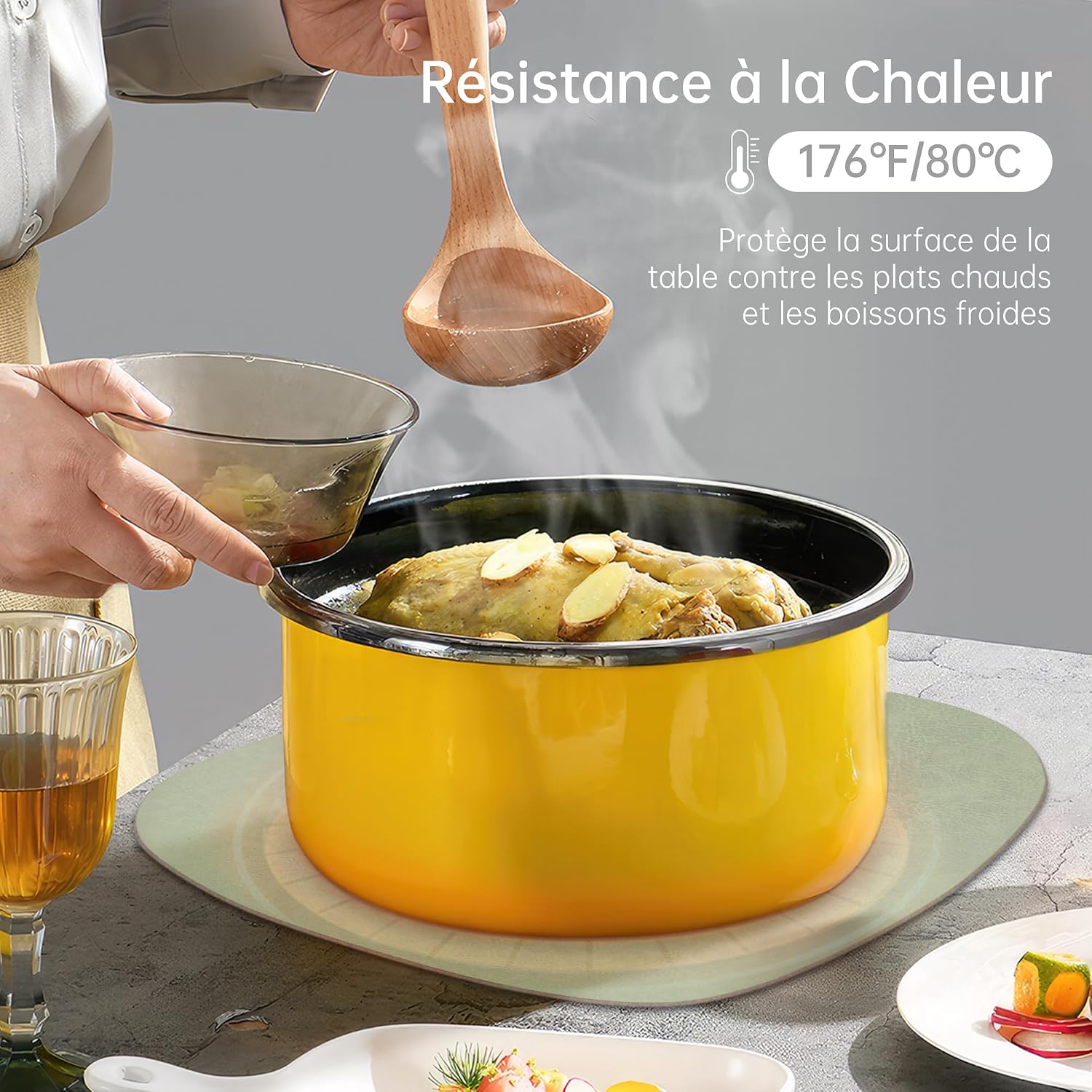 Detalle de KitchenBoss Set de Table Lavable et Dessous de Table Double Face – Vert Gris (6× 40x30 cm) + 6 Sous-verres