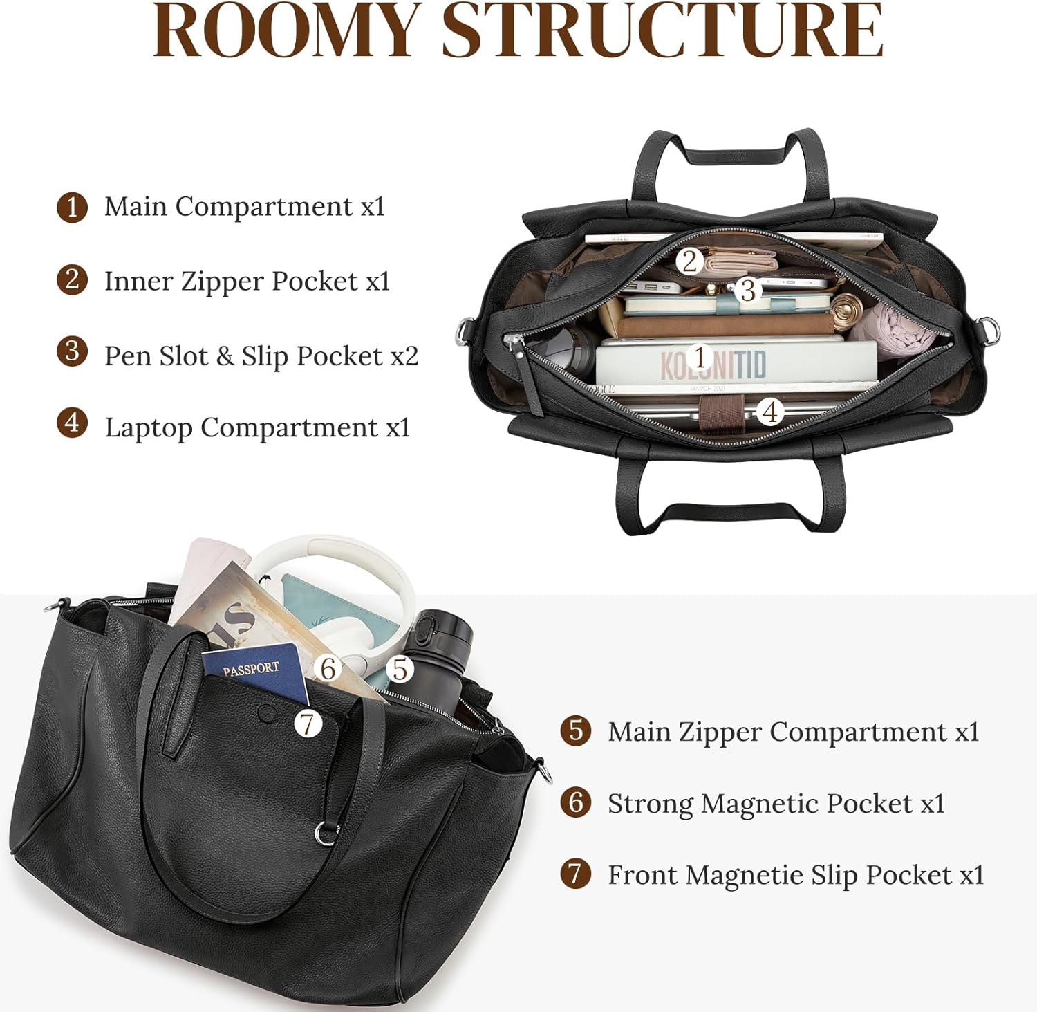 Thumbnail 3 de S-ZONE Grand sac fourre-tout en cuir pour femme — grand sac à bandoulière, élégant et pratique pour le travail et le voyage