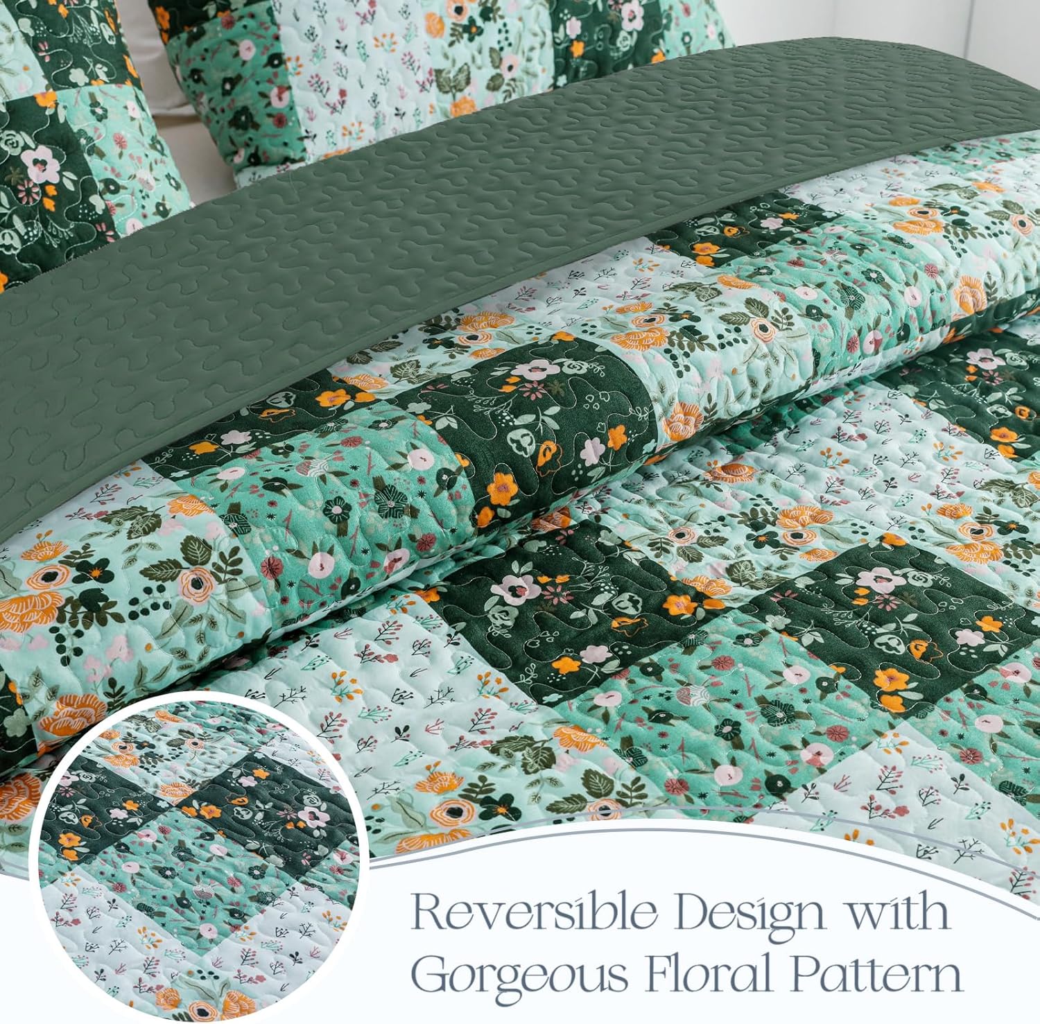 Detalle de Exclusivo Mezcla Quilt13-DGREEN-Q Queen Quilt Set, Reversible Green Floral Patchwork