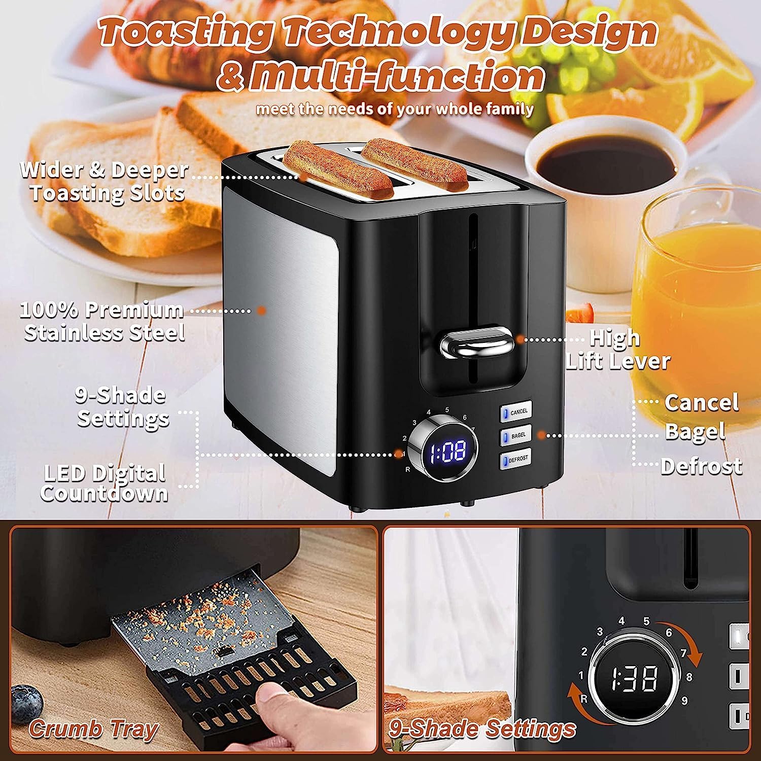 Thumbnail 5 de Toaster 2 Slice Wide Slot Toaster with LCD Timer 🍞