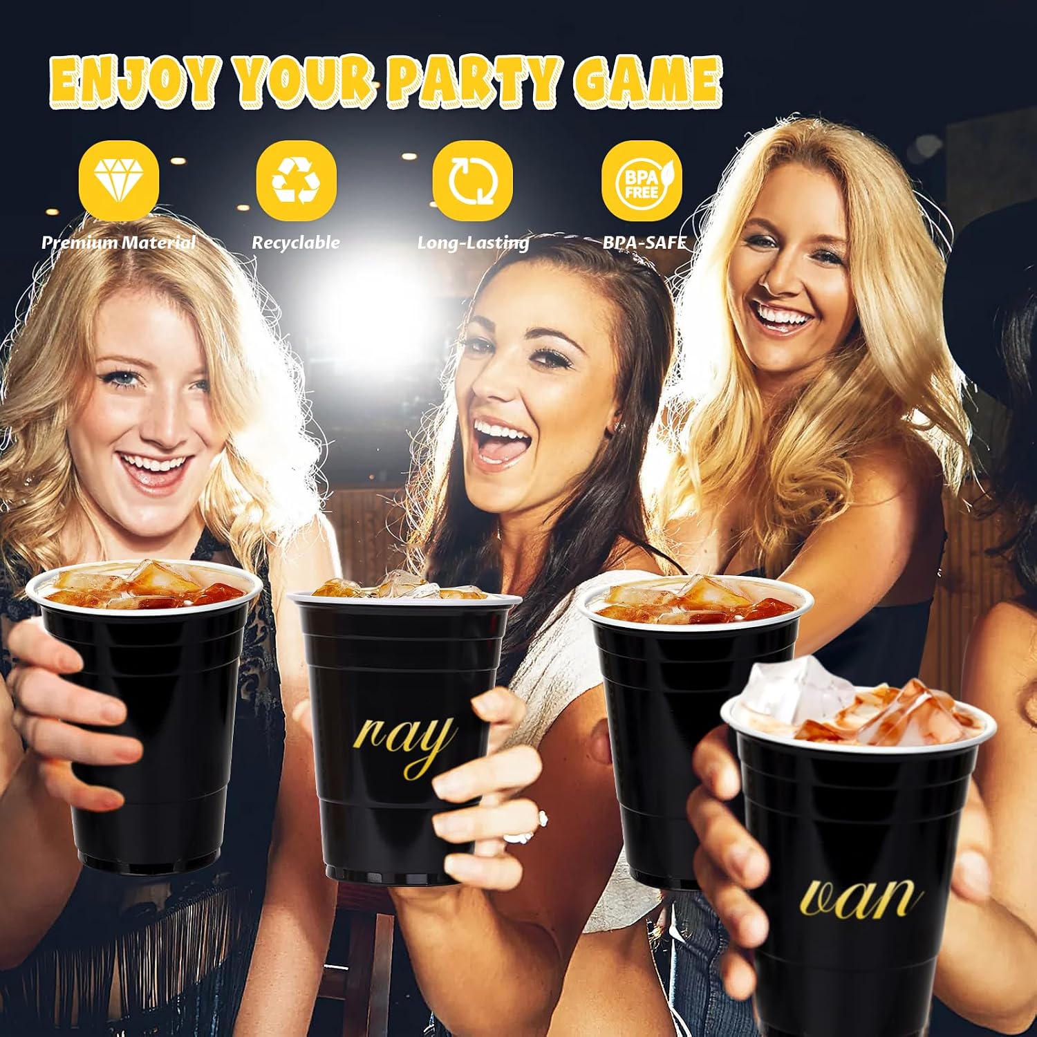 Detalle 2 de DI QIU REN 16 oz Black Plastic Cups, 100-Pack, Stackable with Fill Lines