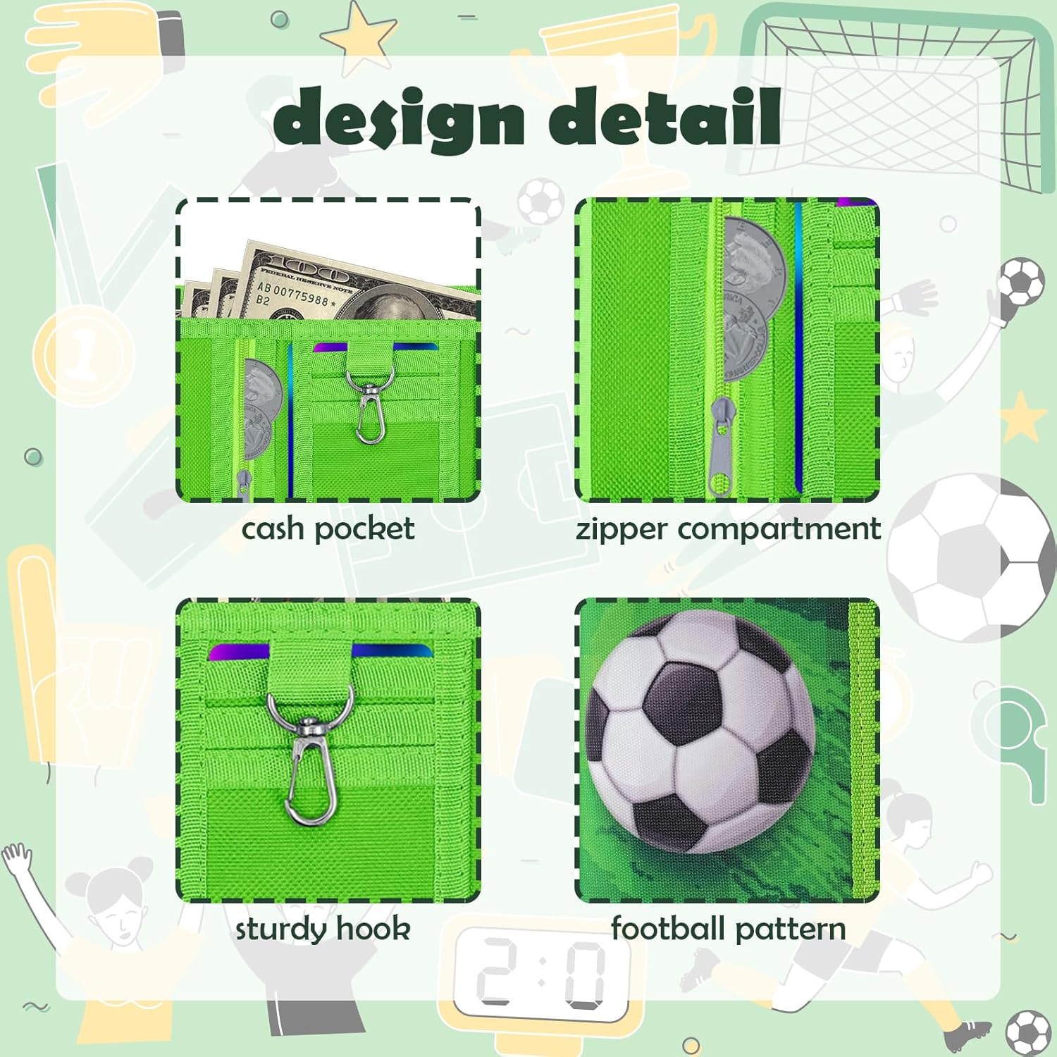 Detalle de Sundee Trifold Football Wallet for Kids – Canvas Soccer Wallet with ID Window, Card Slots and Coin Pocket