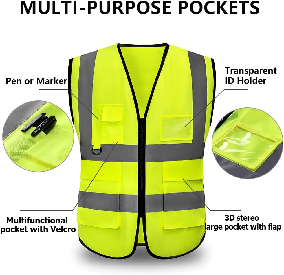 Detalle de Hi Vis Vests for Women Men – High Visibility Reflective Safety Vest (Breathable, Zipper Pocket) for Work & Outdoor Use