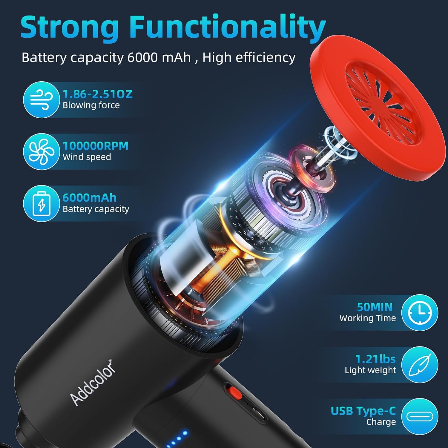 Detalle 2 de ADD COLOR Souffleur Air Comprimé AD-38: Dépoussiérant sans fil 3 vitesses, LED et batterie 6000 mAh