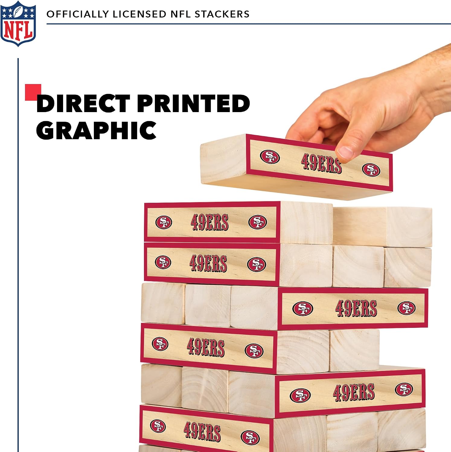 Detalle de Wild Sports NFL Giant Stacking Wooden Blocks (Tumbling Tower) – Licensed Team Logo Football Game