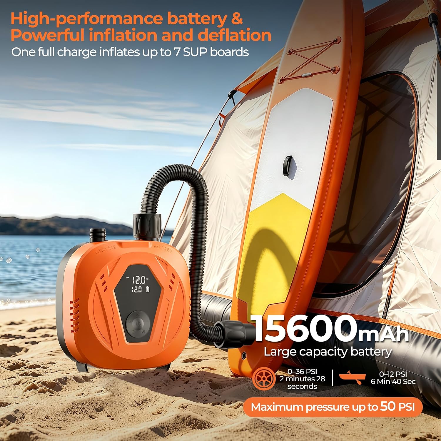 Detalle de SUP Electric Air Pump with 50 PSI, 15600 mAh Battery, Dual Stage Auto Stop – Portable Inflator for Paddle Boards and Other Inflatables