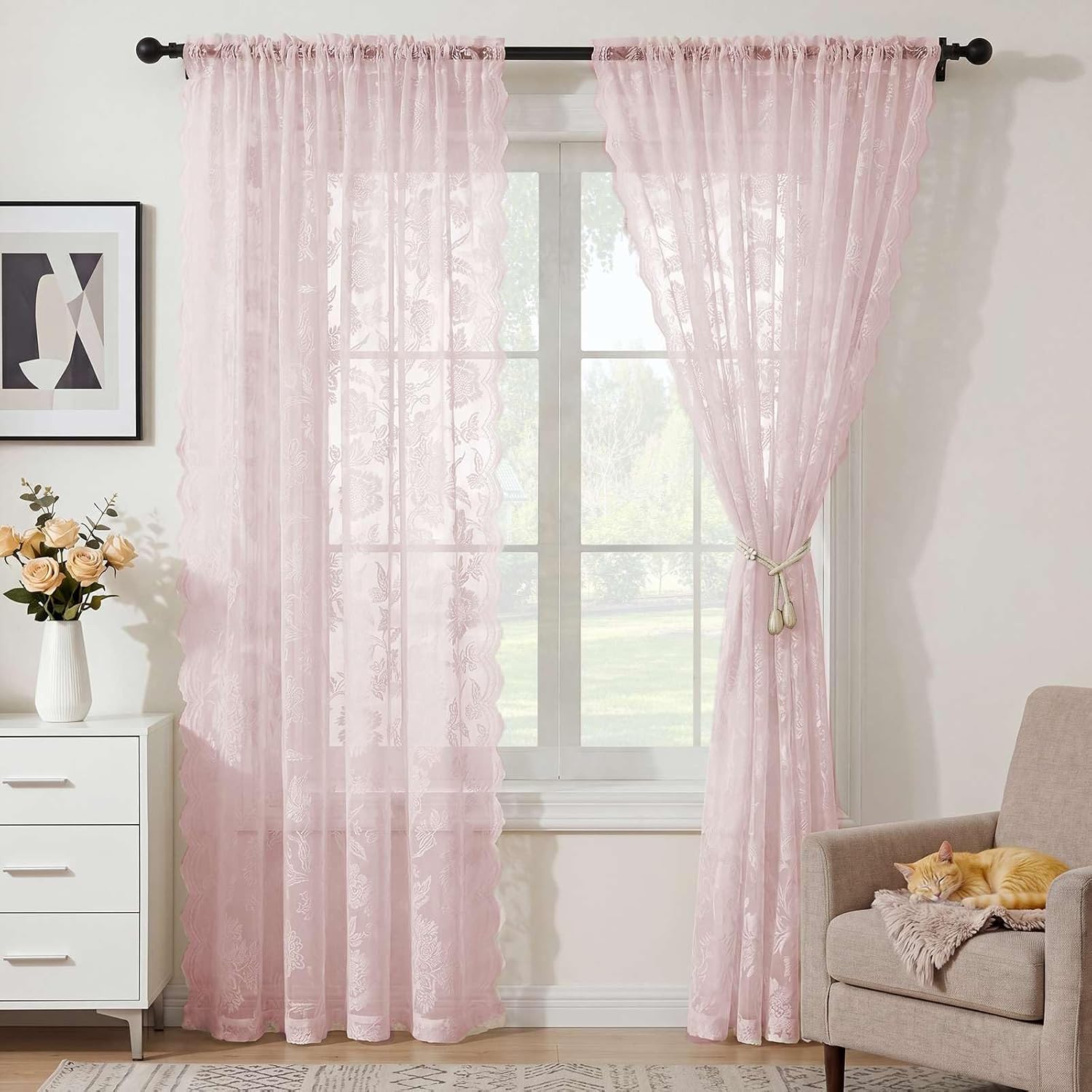 Detalle 1 de H.VERSAILTEX Light Pink Lace Curtains, 90-Inch, 2 Panels, Floral Rod Pocket