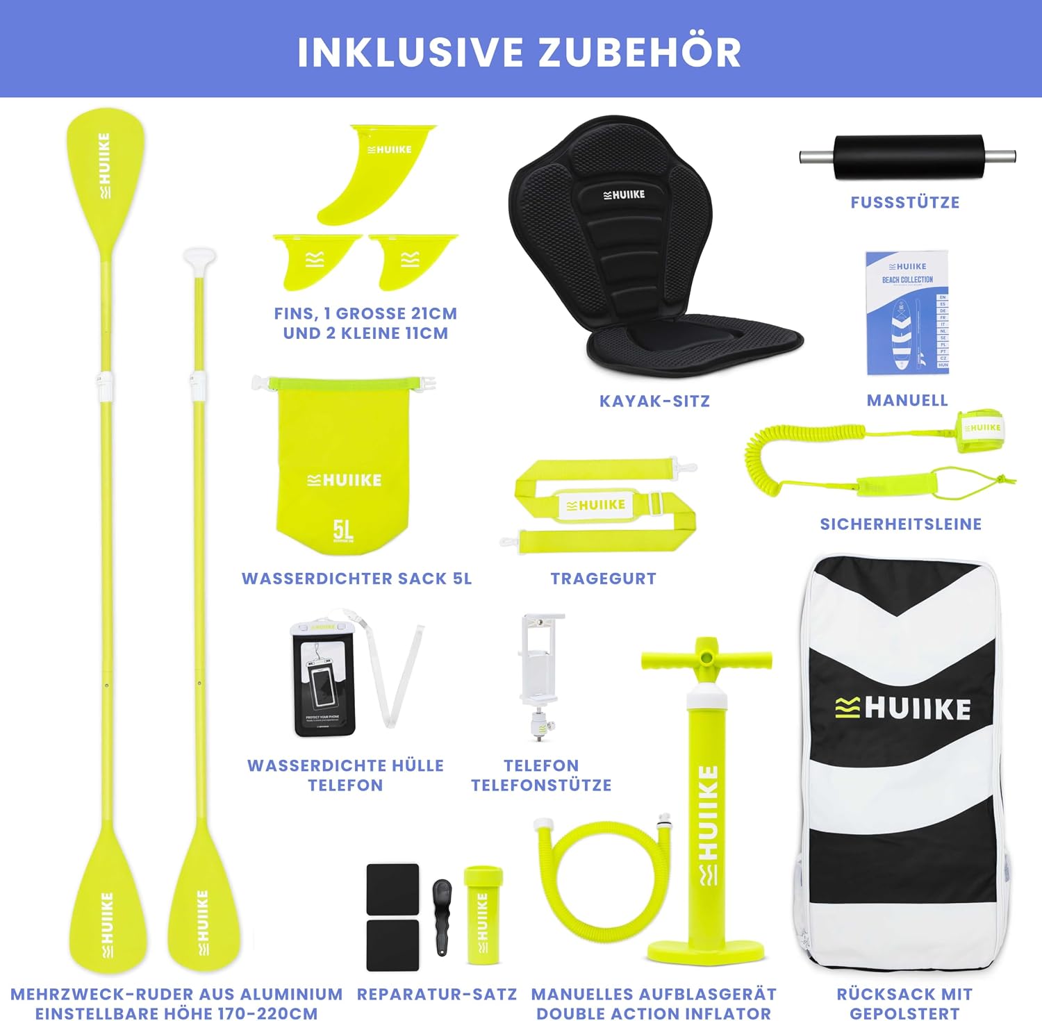 Detalle de HUIIKE Stand Up Paddling Board mit Zubehör – 305 x 84 x 15 cm, bis 130 kg, inkl. kompletter Ausrüstung