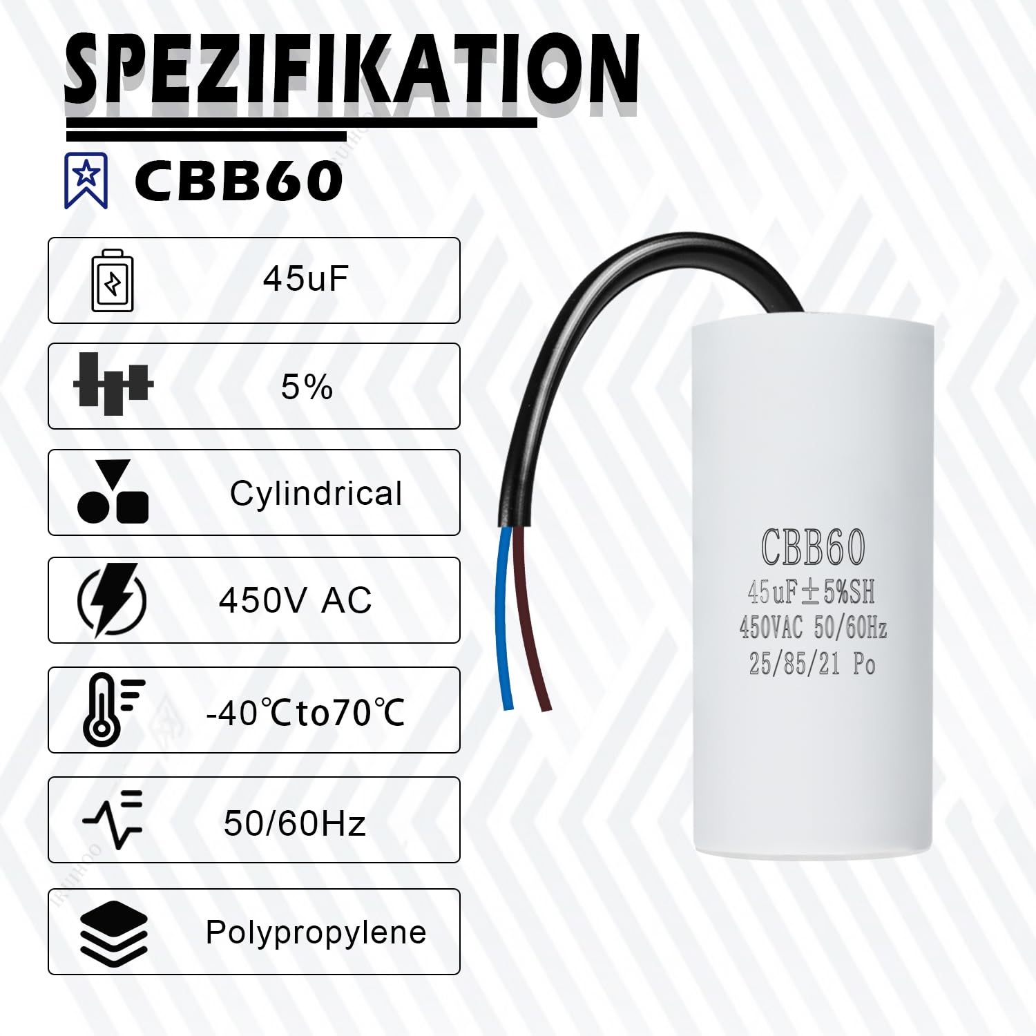 Thumbnail 1 de Iruihoo CBB60 450V 45µF Starterkondensator mit Draht – Motorstarter- und Entstörungskondensator