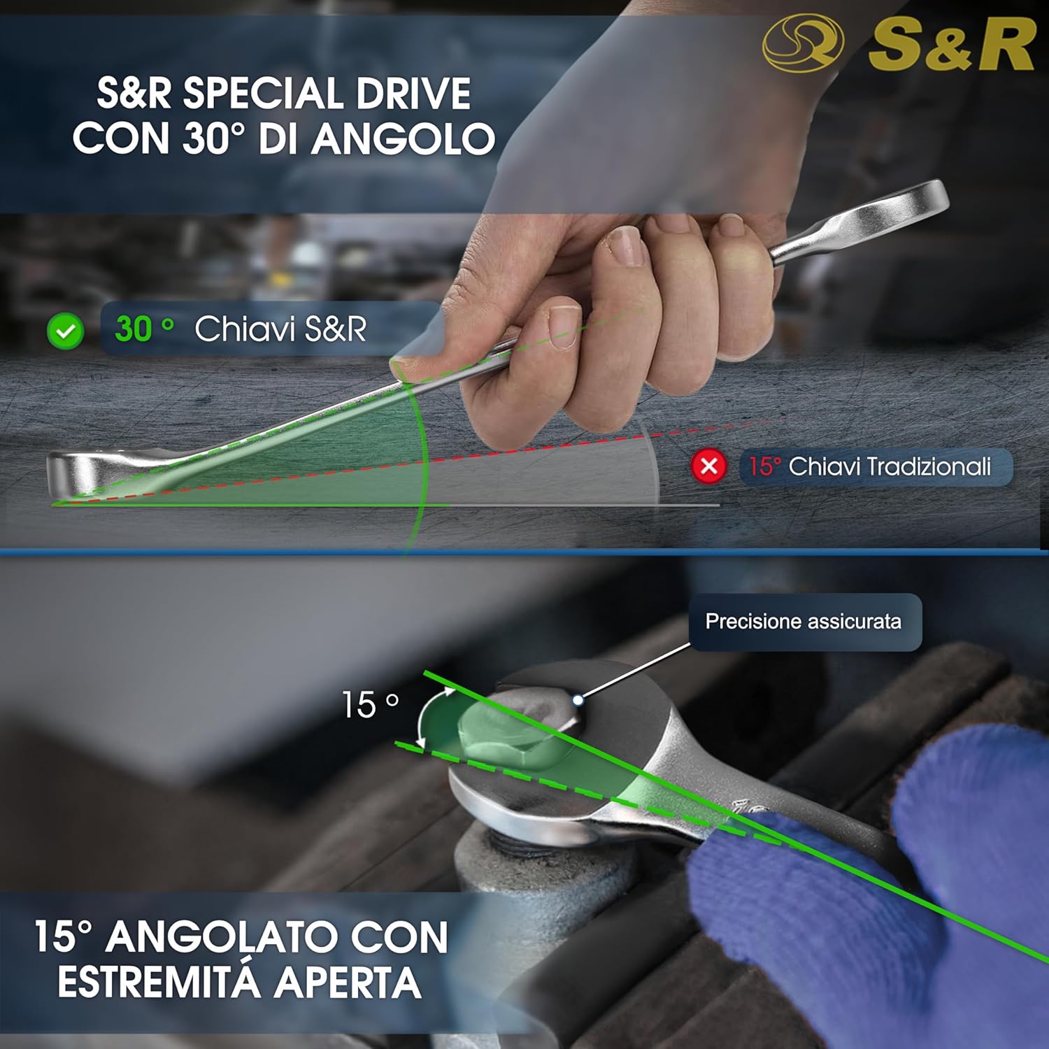 Thumbnail 4 de S&R Set 15 Chiavi Inglesi Combinate Anello e Forchetta 6–22 mm: qualità industriale per uso professionale