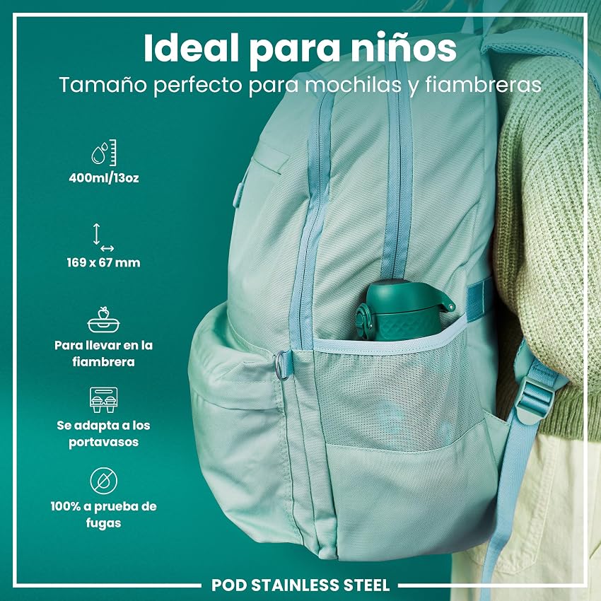 Detalle 2 de ION8 Botella de Agua Inox para Niños 400ml 🐾 Sin Aislamiento