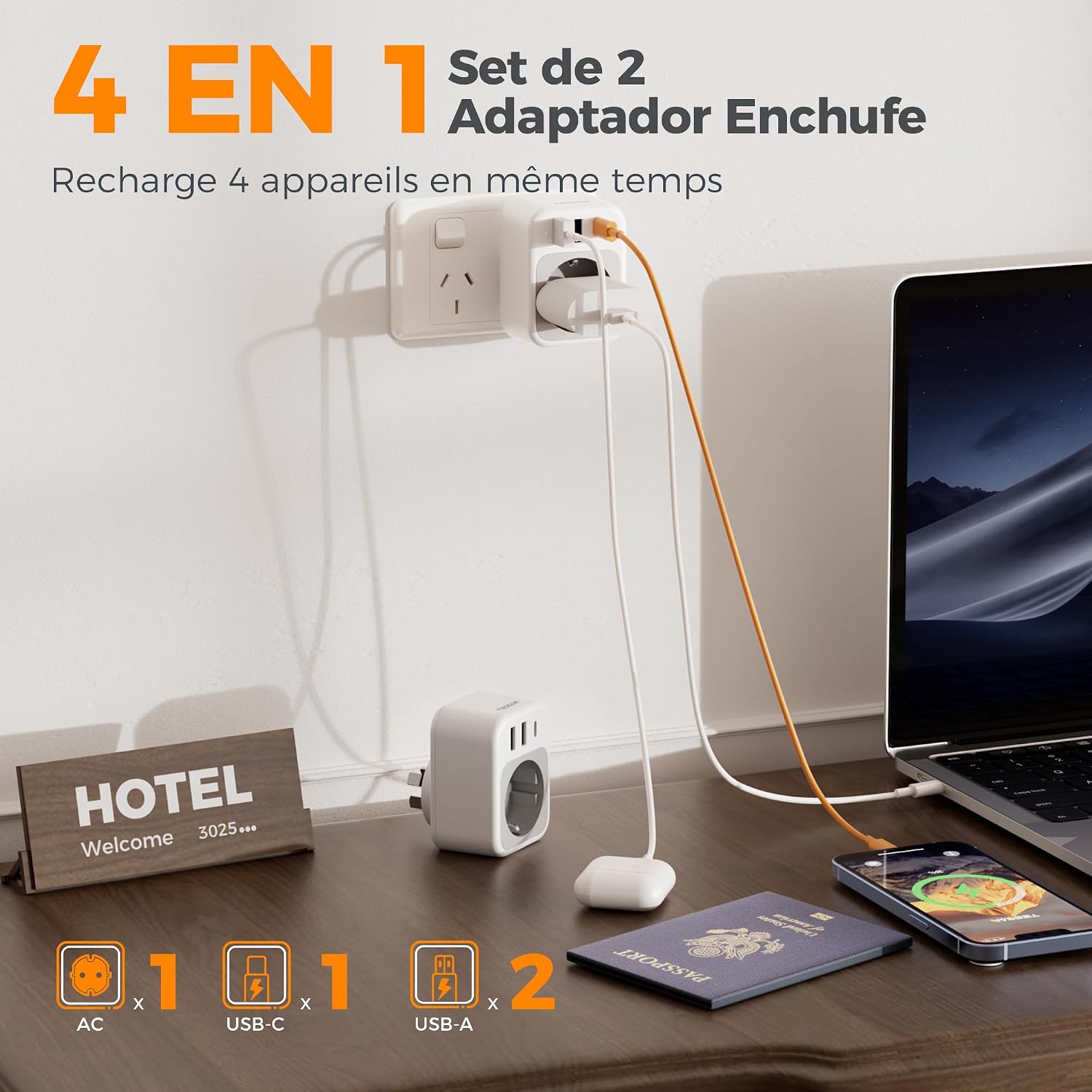 Detalle de TESSAN Lot de 2 Adaptateur Prise Australie avec USB-C et USB-A – 2500 W, 4 en 1, voyage Chine/Australie/Nouvelle-Zélande/Argentine