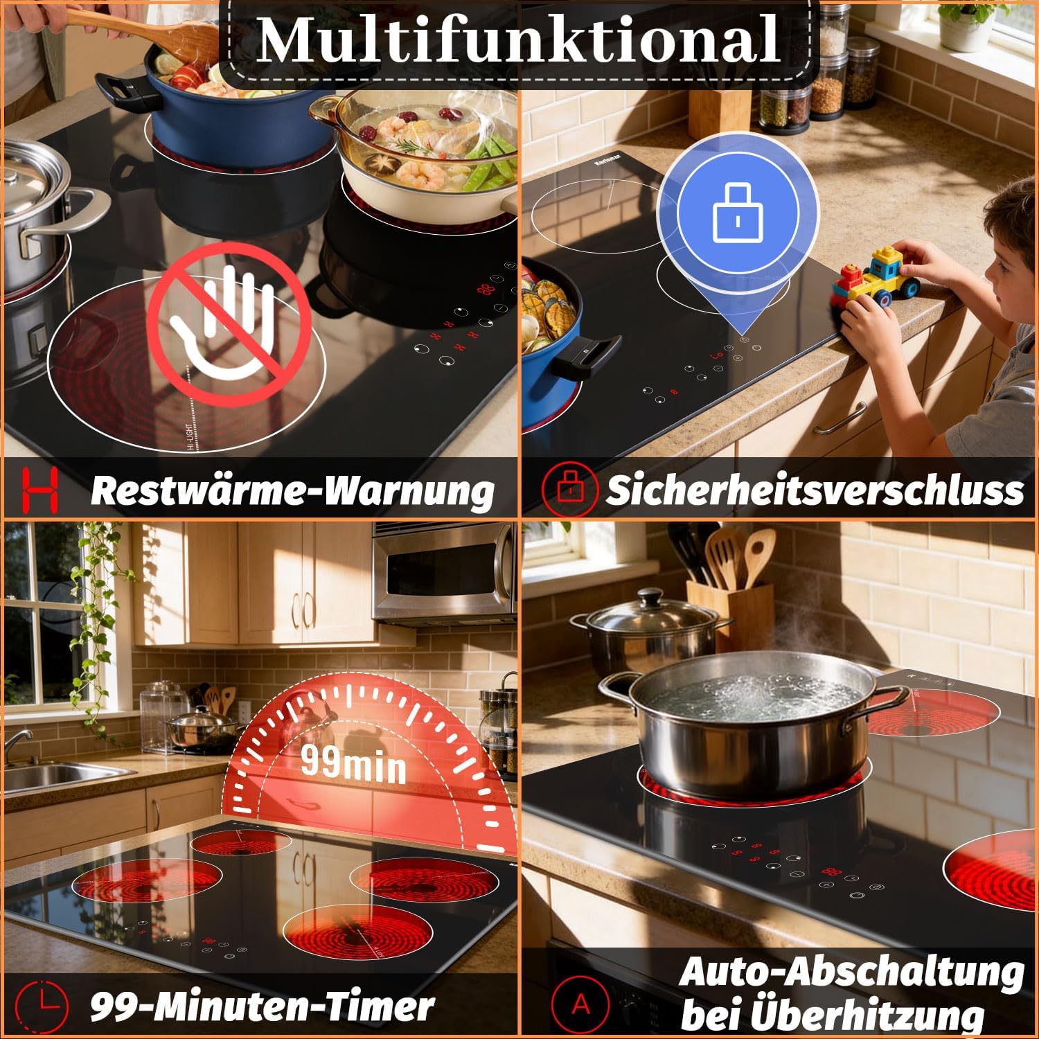 Detalle de Karinear Glaskeramikkochfeld 4 Platten 60 cm – 6000 W Autarkes Einbaukochfeld mit Touch-Steuerung