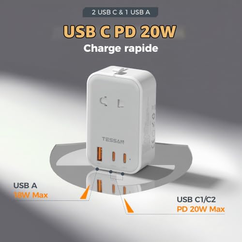 Detalle de TESSAN Adaptateur prise universelle PD 20W avec 2 USB-C — 4 en 1 pour voyages
