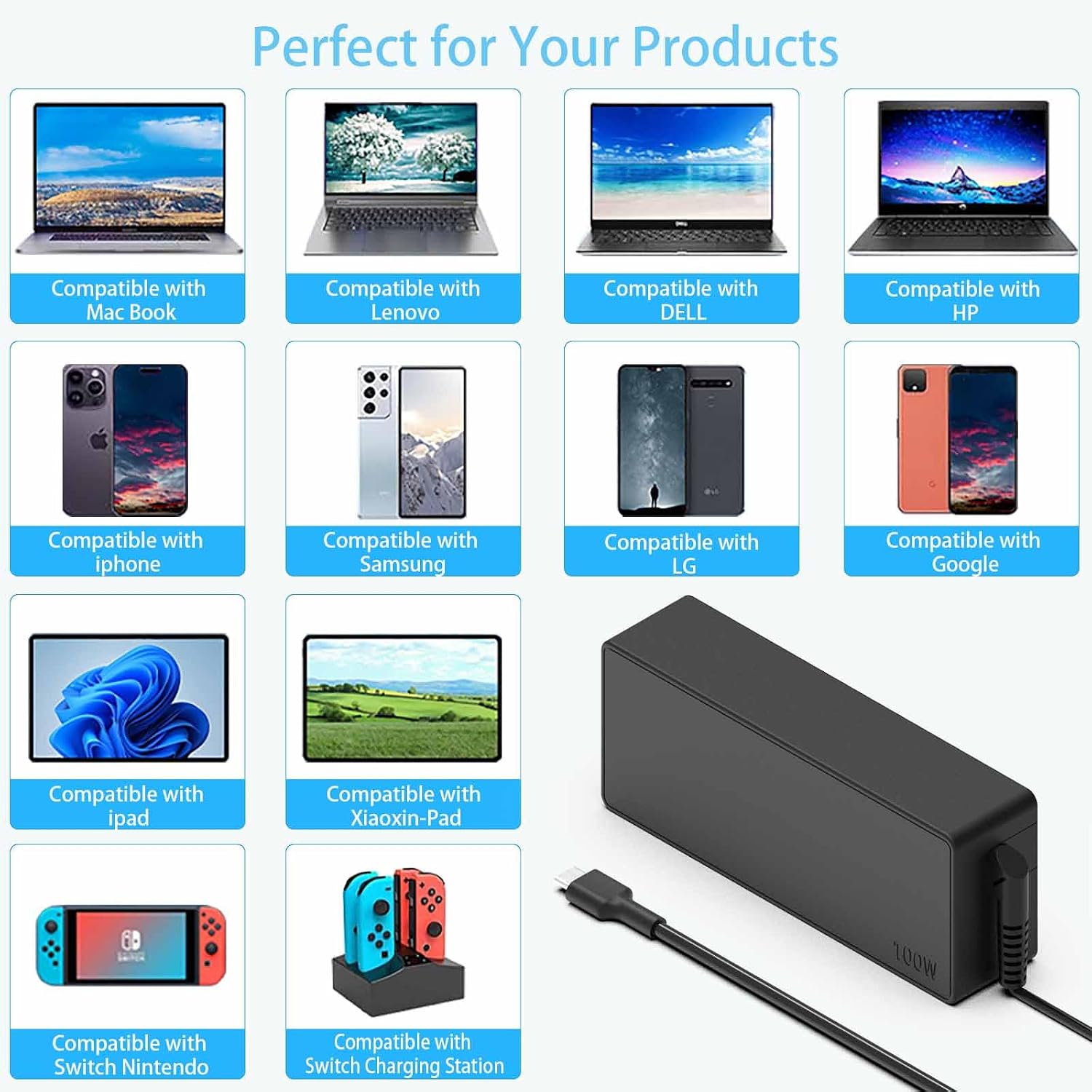 Detalle de Hafiuege 100W USB-C Laptop Fast Charger: versatile PD 3.0 power for MacBook Pro, iPad and USB-C devices
