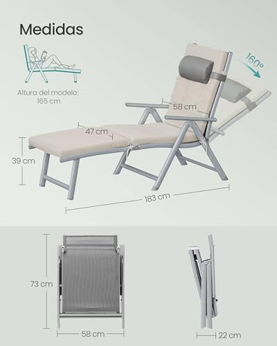 Detalle de SONGMICS Tumbona plegable GCB024WZ02 beige arena con respaldo ajustable y cojín de 6 cm