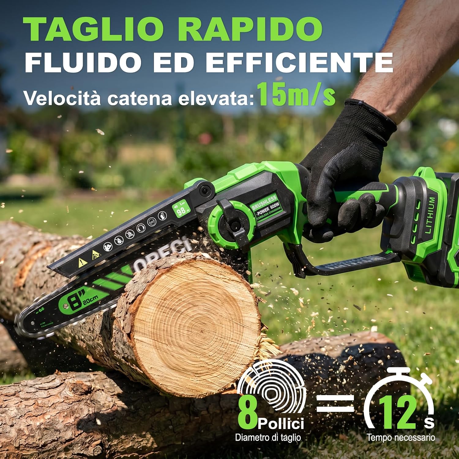 Detalle de WORFCI 8 Pollici Mini Motosega con 2 Batterie e Caricatore – Motosega a Percussione Senza Fili, Brushless, Lubrificazione Automatica