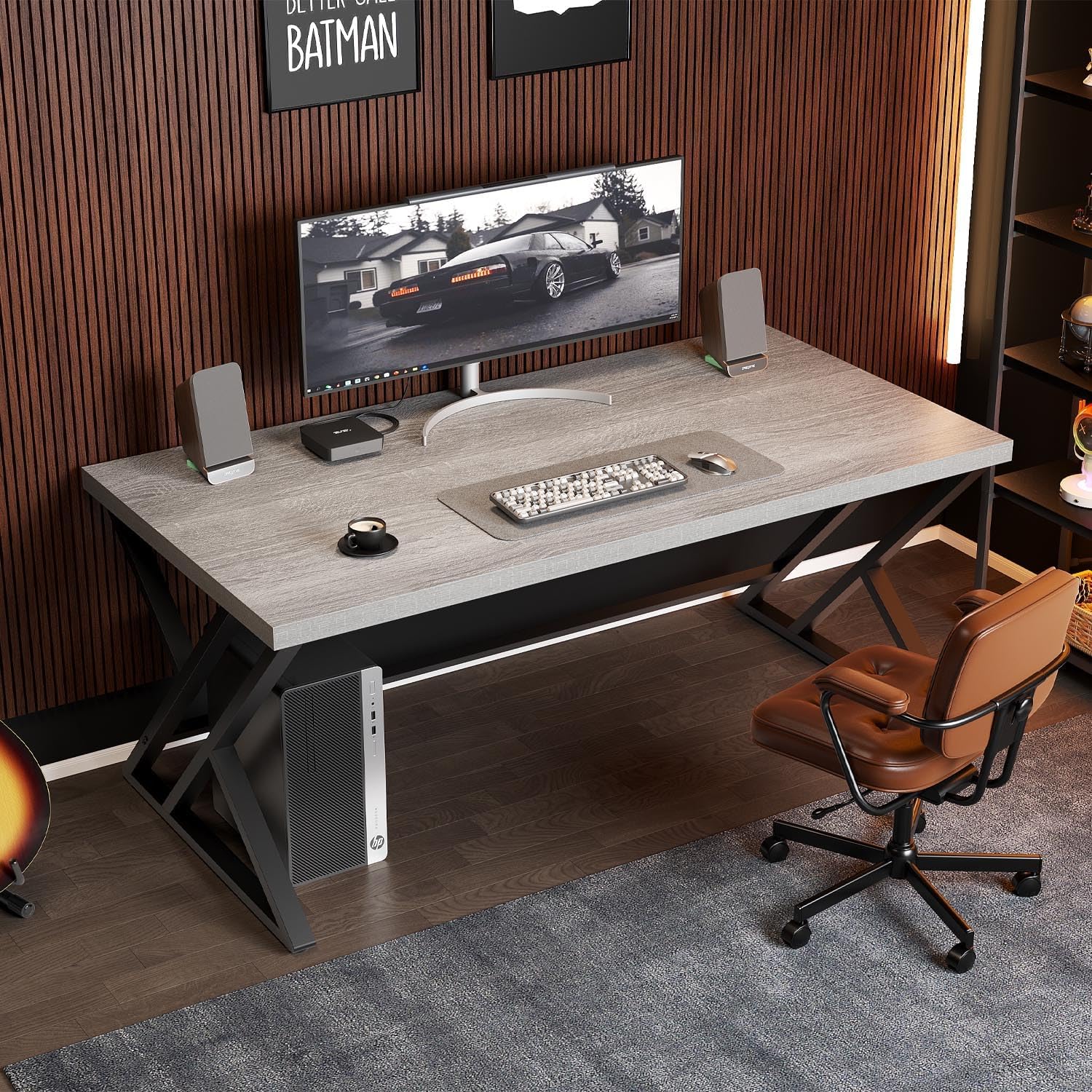 Detalle de LVB Grey Industrial Wood Desk (47 Inch) with Metal Frame and Storage