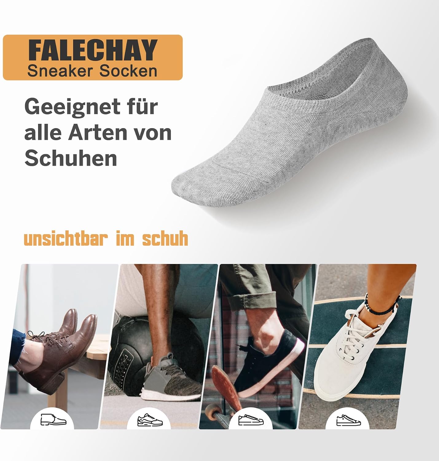 Thumbnail 6 de Falechay Sneaker Socken Damen Füßlinge – 8 Paar No Show Unsichtbare Sneaker-Socken, Schwarz/Weiß/Grau/Hautfarbe