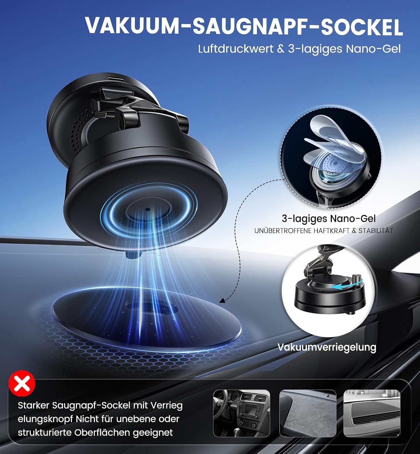 Detalle de OANDYS MagSafe Car Mount Charger 15W – Fast Wireless, 360° Spin, Strong Vacuum & Magnetic Hold