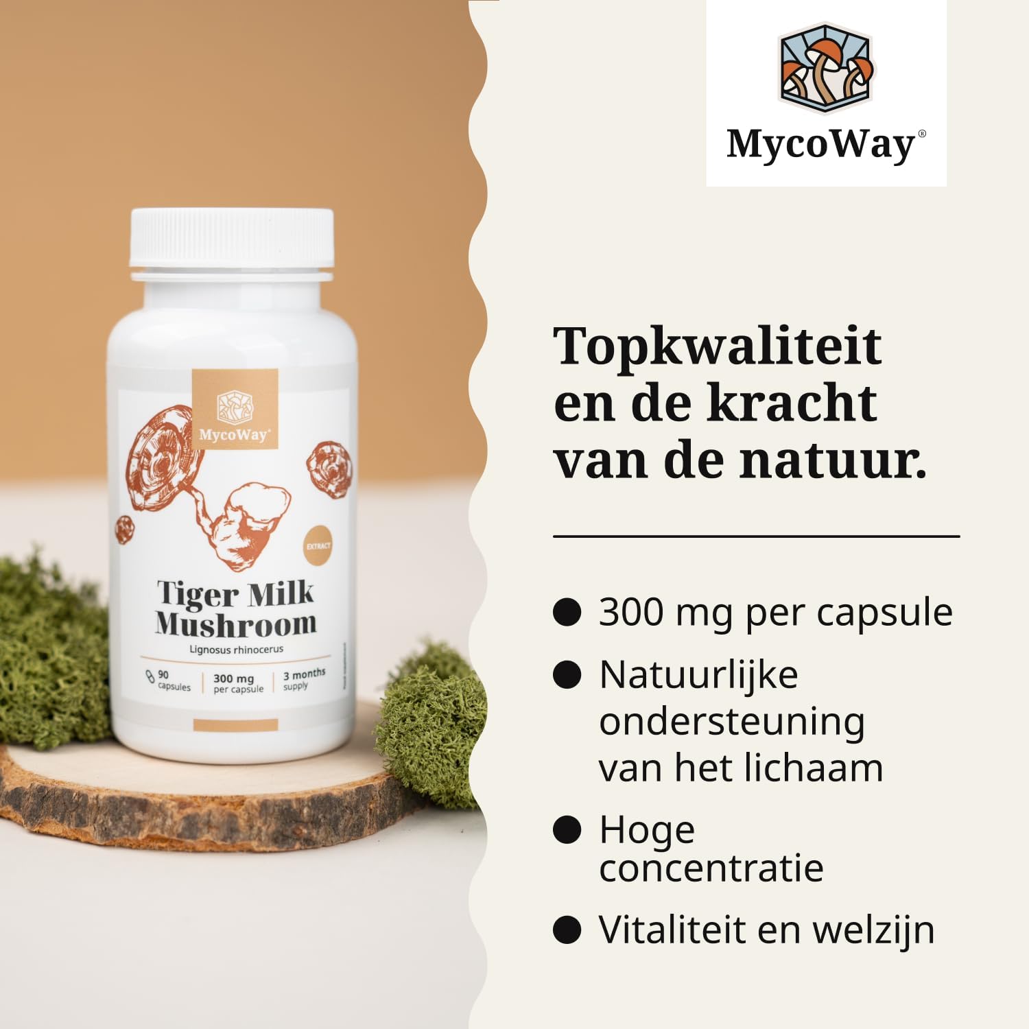 Detalle de MycoWay Tijgermelk Paddenstoel 300 mg capsules met bètaglucaan, 90 stuks