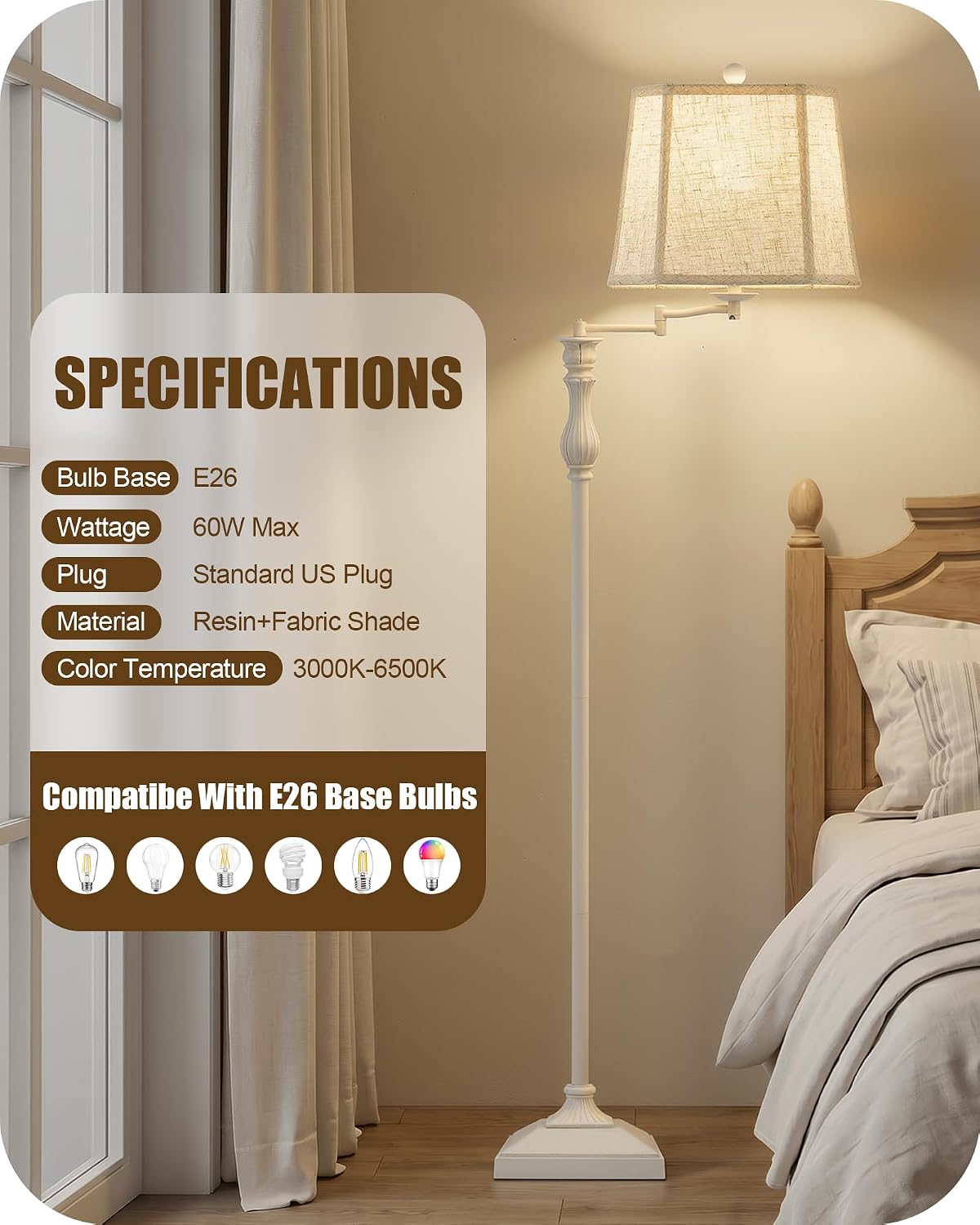 Detalle 1 de Luvkczc F00080 62-Inch Vintage Floor Lamp with 350° Swing Arm