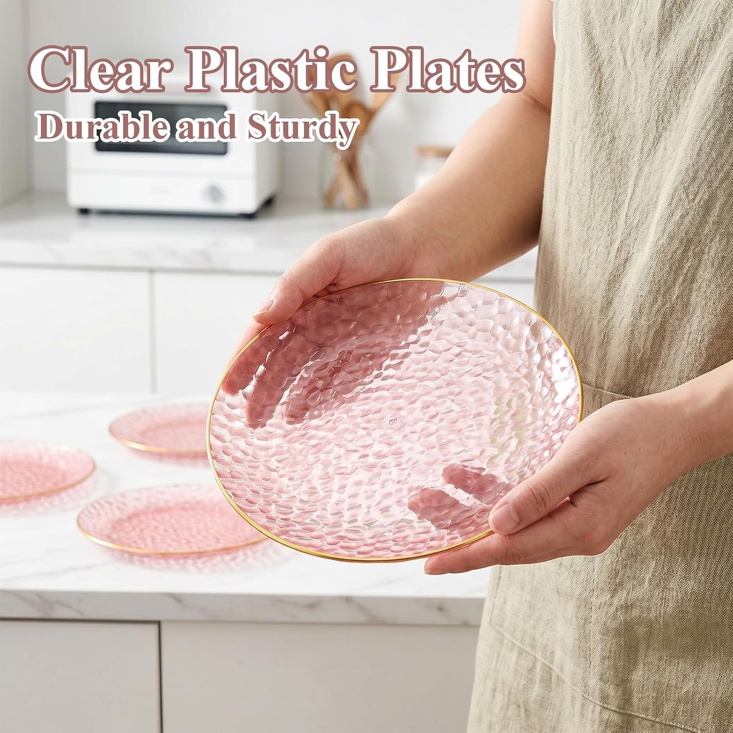 Detalle 2 de Rubtlamp 100 Pcs Pink Gold 7 Inch Dessert Plates – Hammered Plastic Disposable with Gold Rim