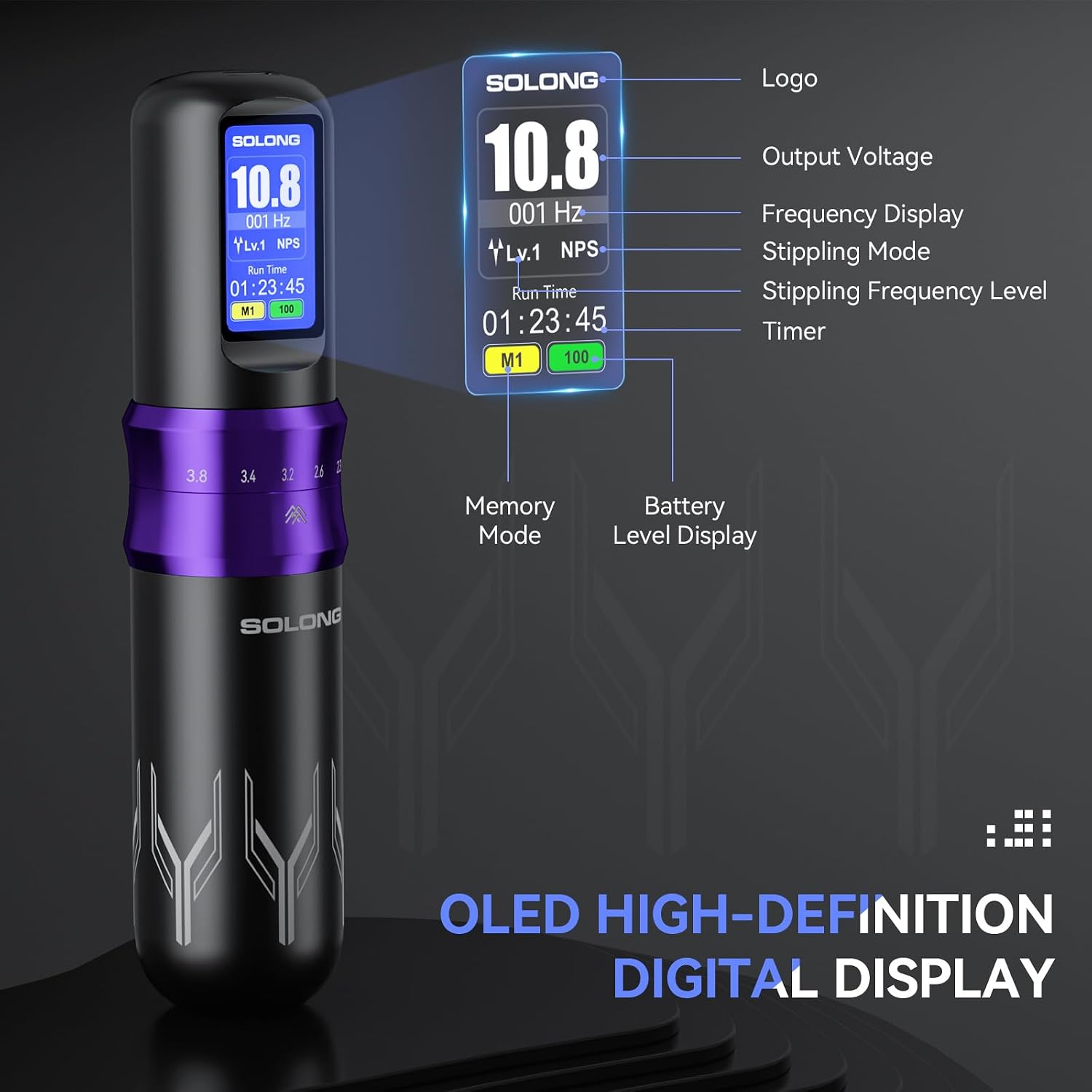 Detalle de Kit Tatuaggi Wireless Solong SL-TKE200AEU-4: Macchina Rotativa Professionale con Batteria 1600mAh e 7 Modalità