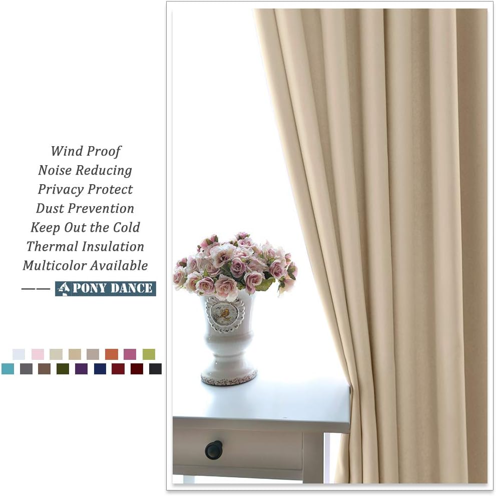 Thumbnail 6 de PONY DANCE Thermal Curtains for Bedroom with Hooks – Beige Blackout, 2 Panels (W46 x L54), 54 Inch Drop, Biscotti Beige