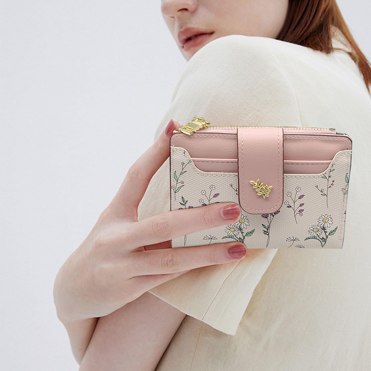 Thumbnail 6 de LJCZKA Pink Leather Bifold Wallet with Zip Pocket and ID Window