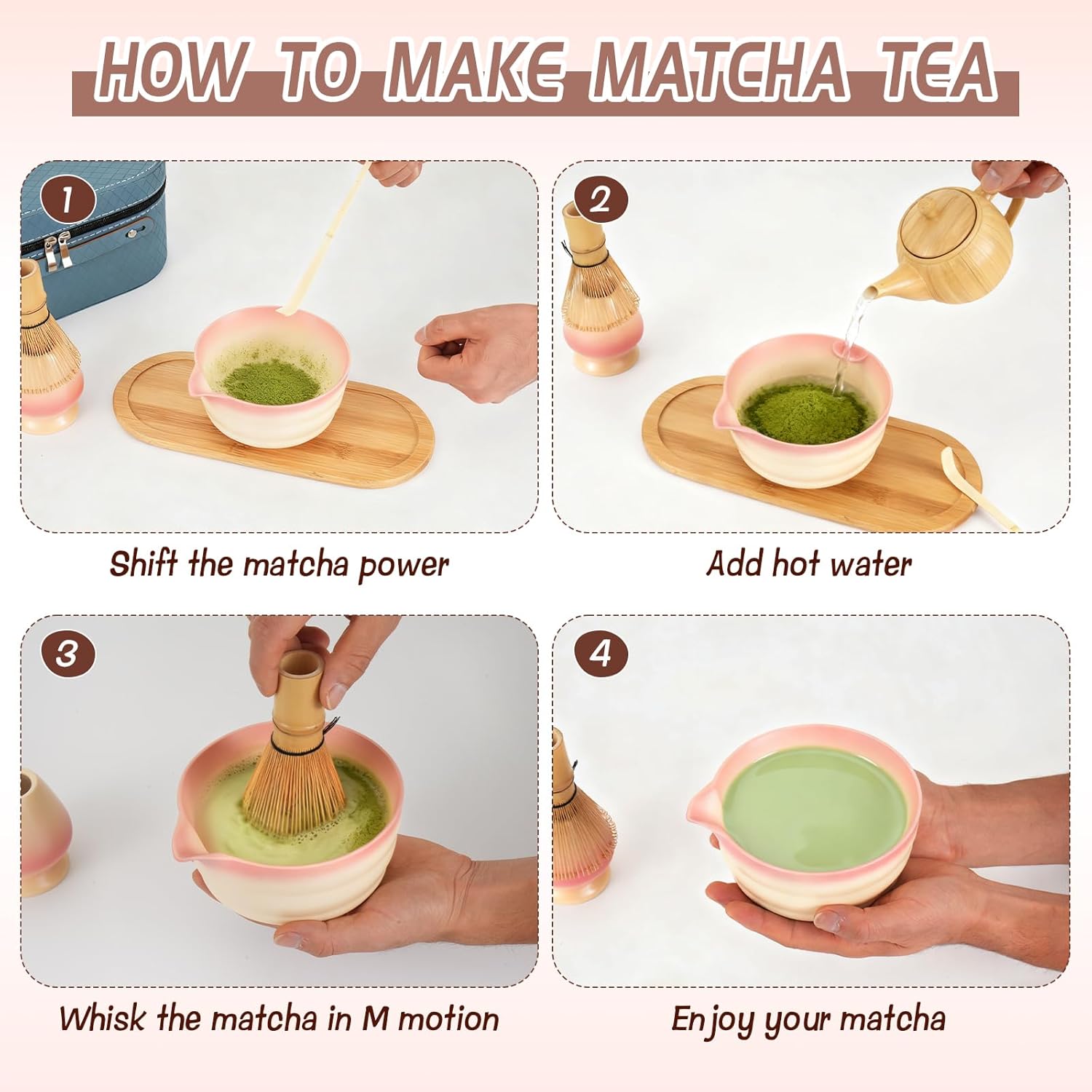 Detalle de Japanisches Matcha Tee Set in Rosa (5-teilig) mit Bambustablett, Besen und Schale